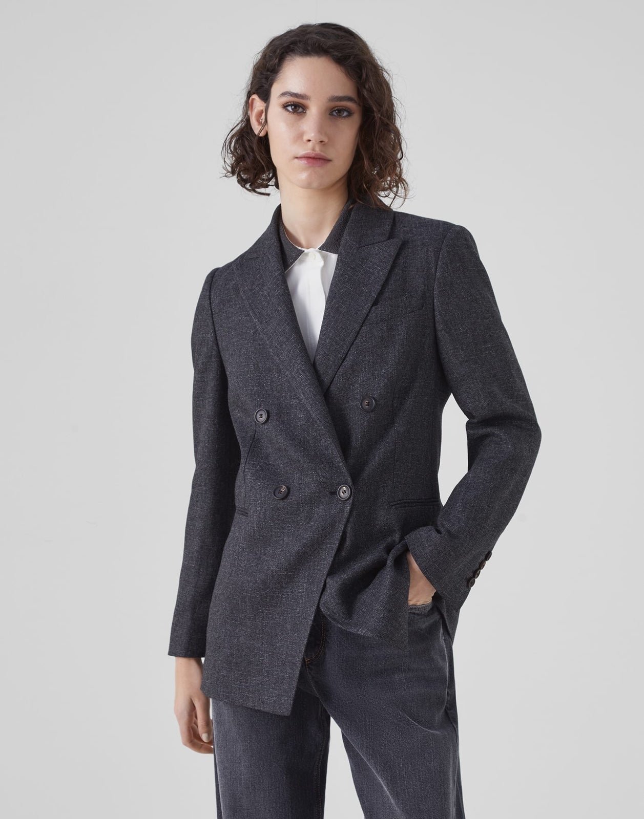 Brunello Cucinelli Charcoal Plaid Double Breasted Blazer/Coat Size Medium