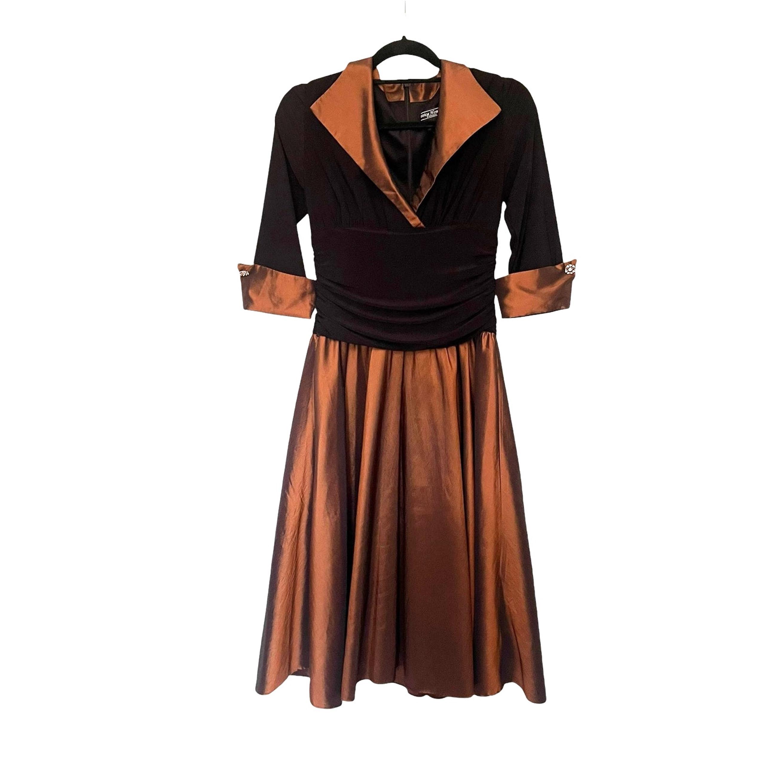 JESSICA HOWARD Portrait Collar Satin Dress Sz 8 Black Bronze Witchy Mother Bride
