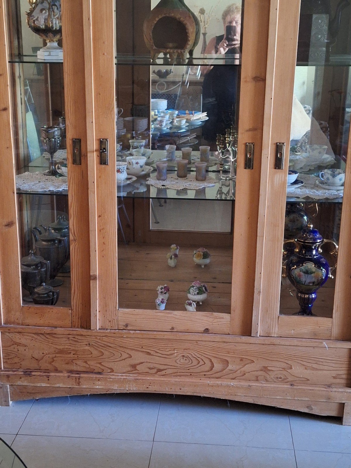 Unique large triple pane wood and glass curio cabinet