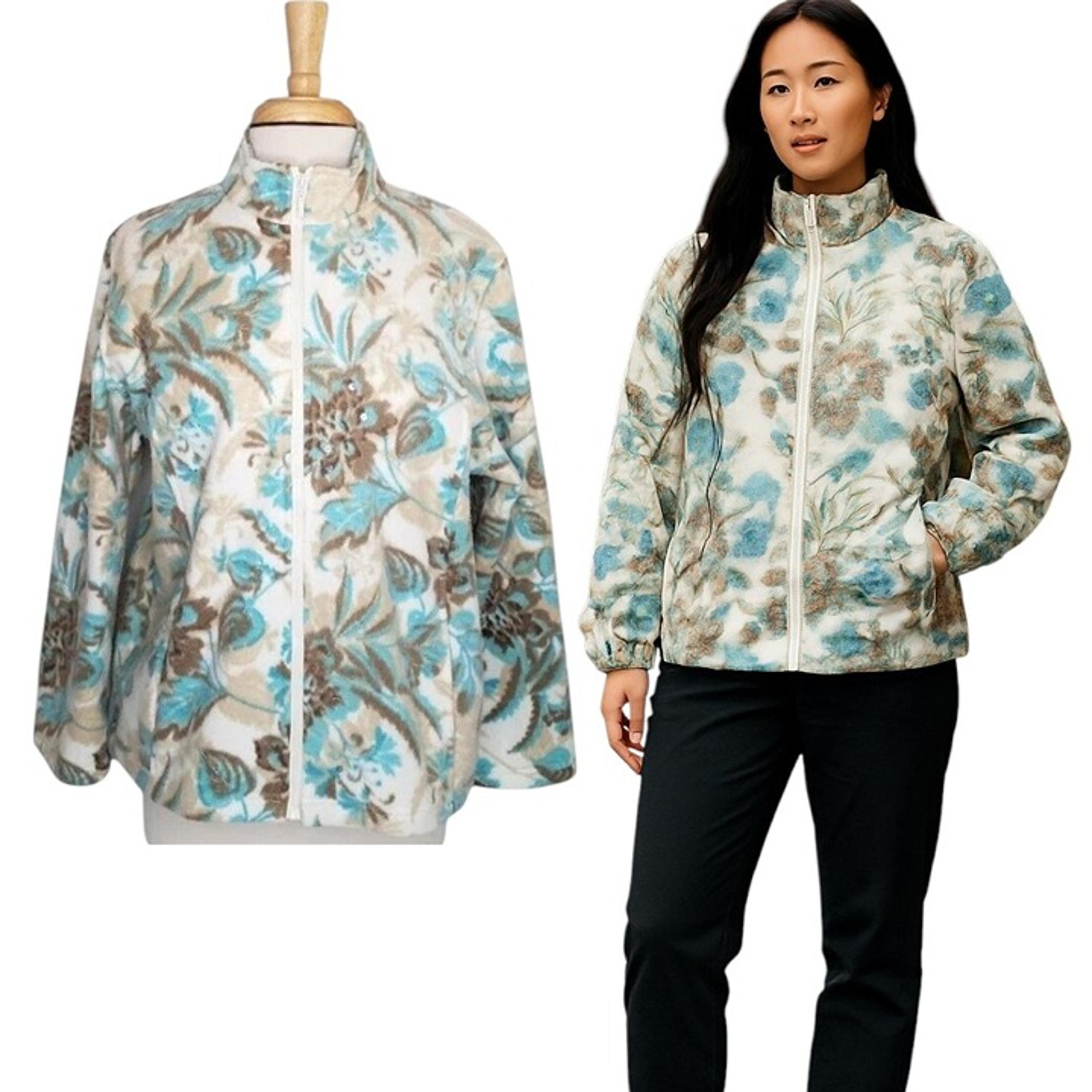 Alfred Dunner Fleece Jacket Women's Size Large Petite White/Turquoise Floral Zip