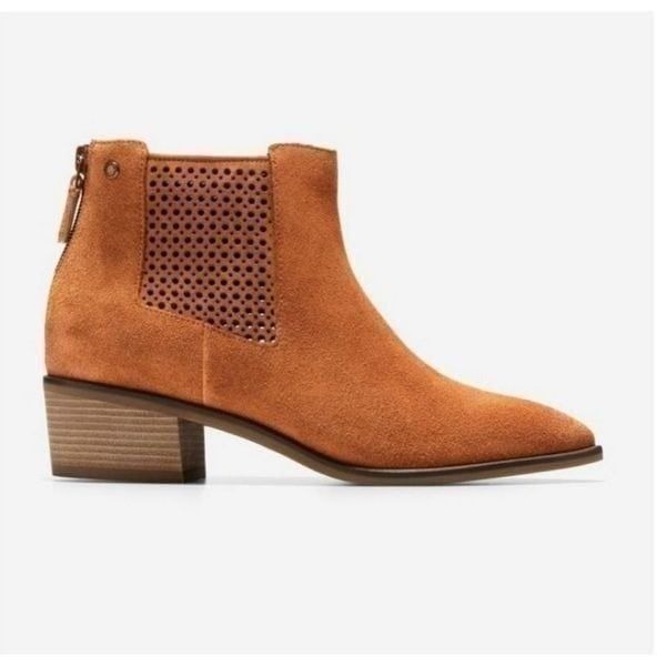 Cole Haan Val Genuine Suede Leather Heeled Ankle Boots Booties 6.5 British Tan