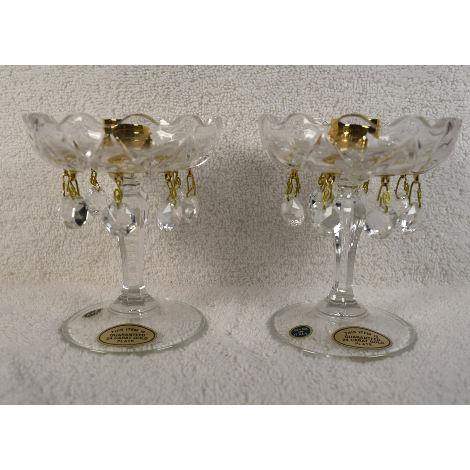 Italian Crystal Pair Candleholders Jewelry Keeper Gold Plated Hollywood Regency
