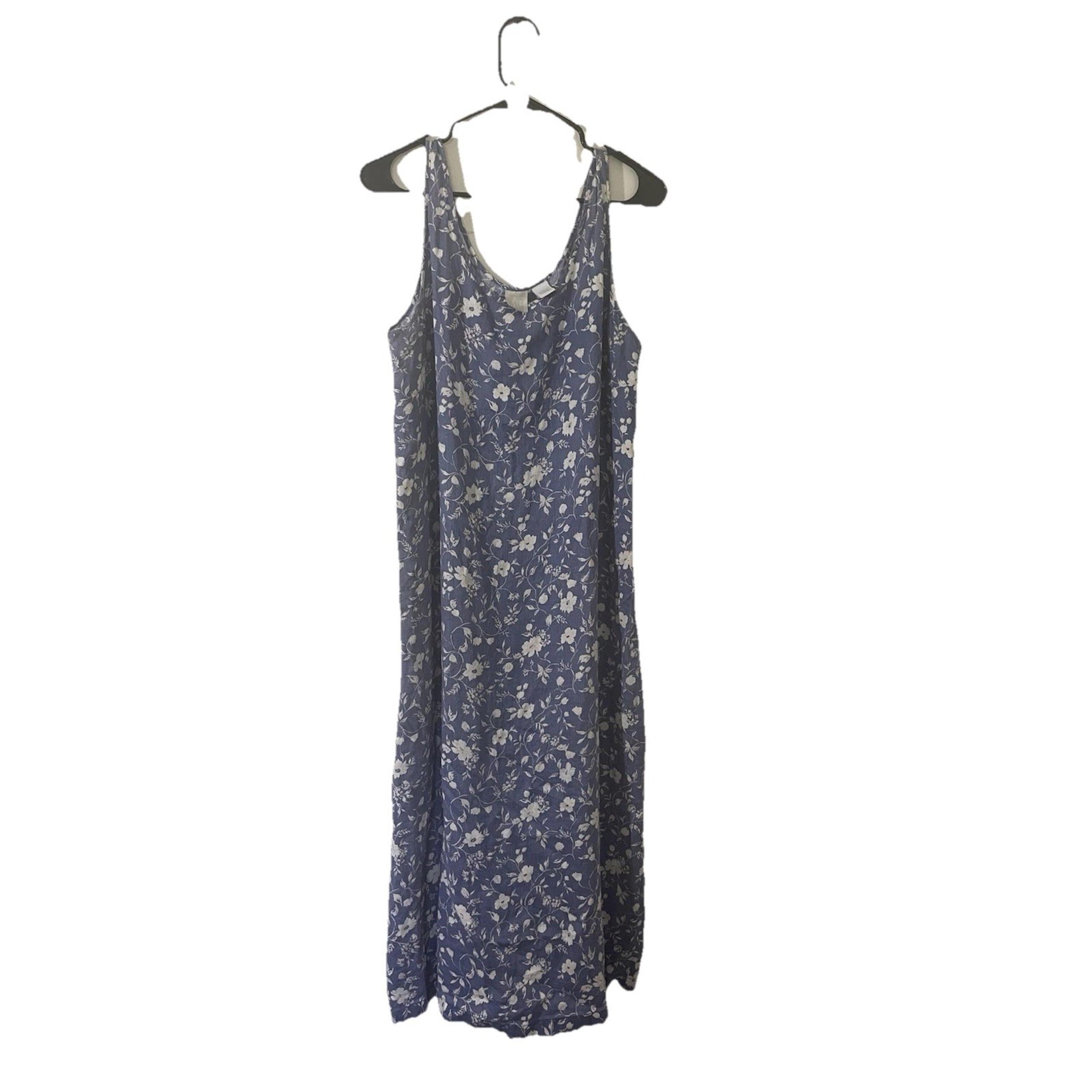 Vintage GAP Large 100% Linen Midi Dress Cottage Floral Summer Garden Modest