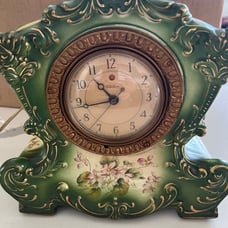 Vintage Telechron Green Floral Pottery Mantle Clock Works