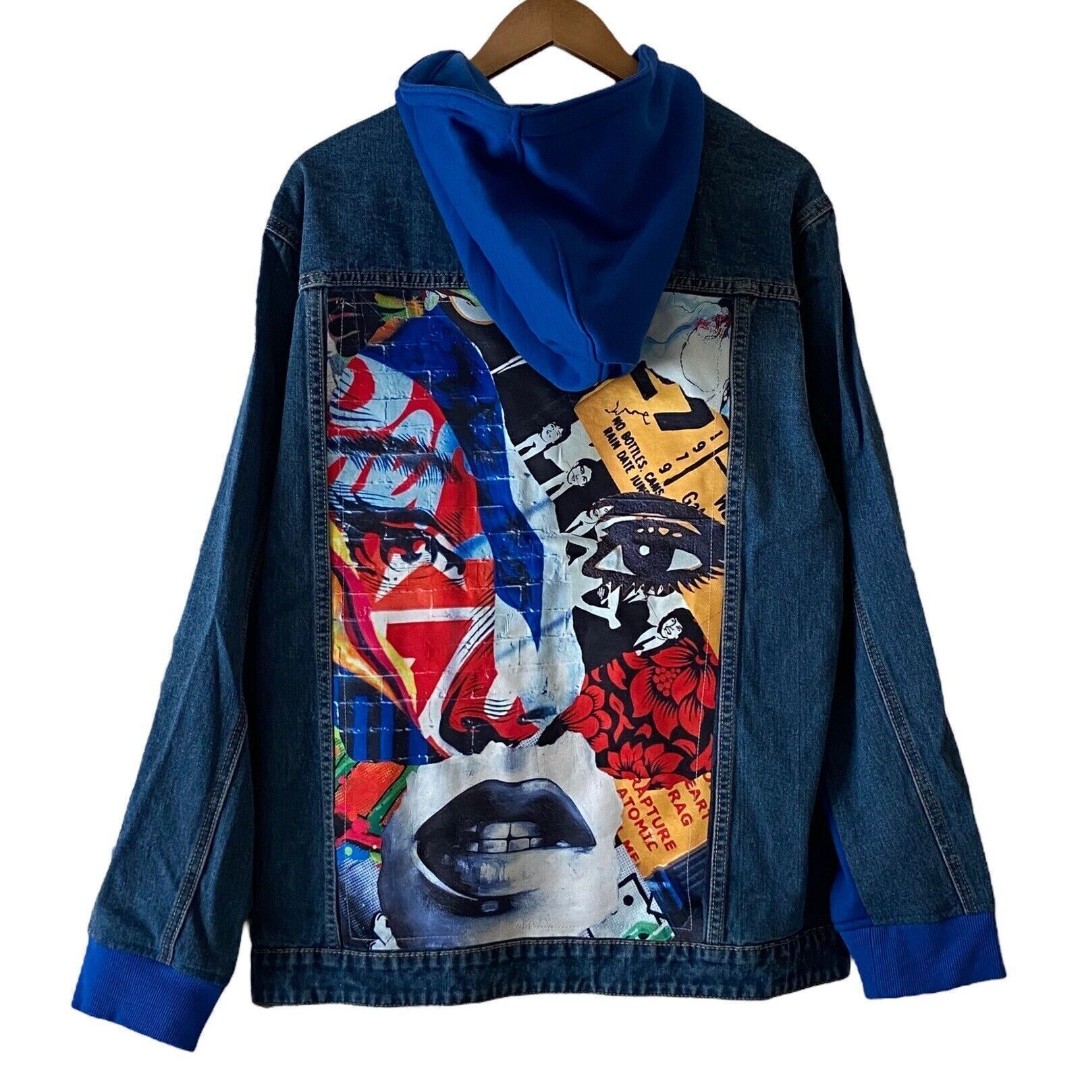 American Bazi Womens 2X Fleece Denim Mixed Jacket Abstract Face Art Beatles Band