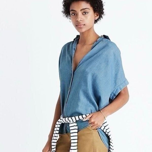 Madewell Central Shirt XS Blue Chambray Drapey Oversized Short Sleeve Collared