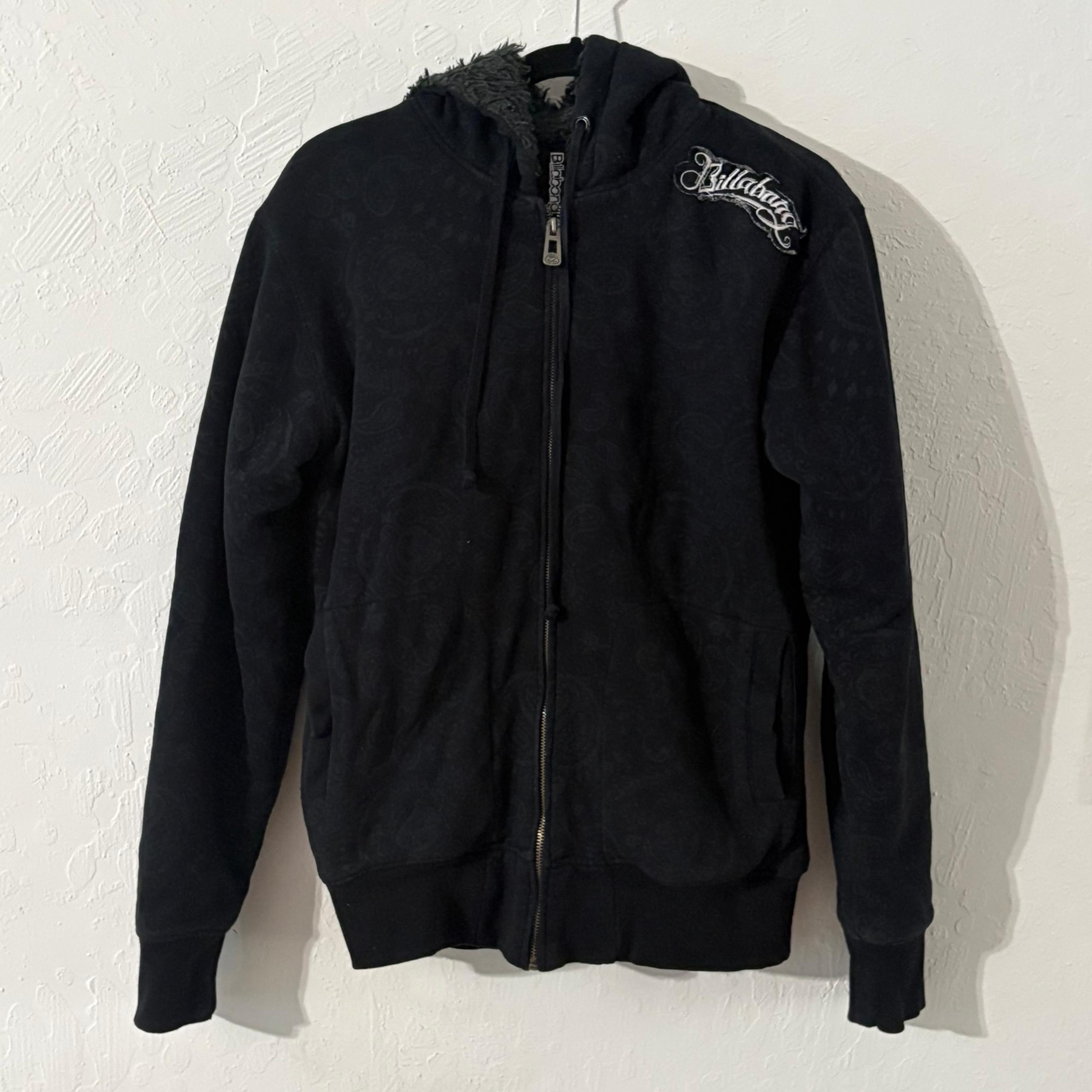 Y2K Billabong Jacket Men’s M Black Skull Paisley AOP Zip Script Sherpa Lined