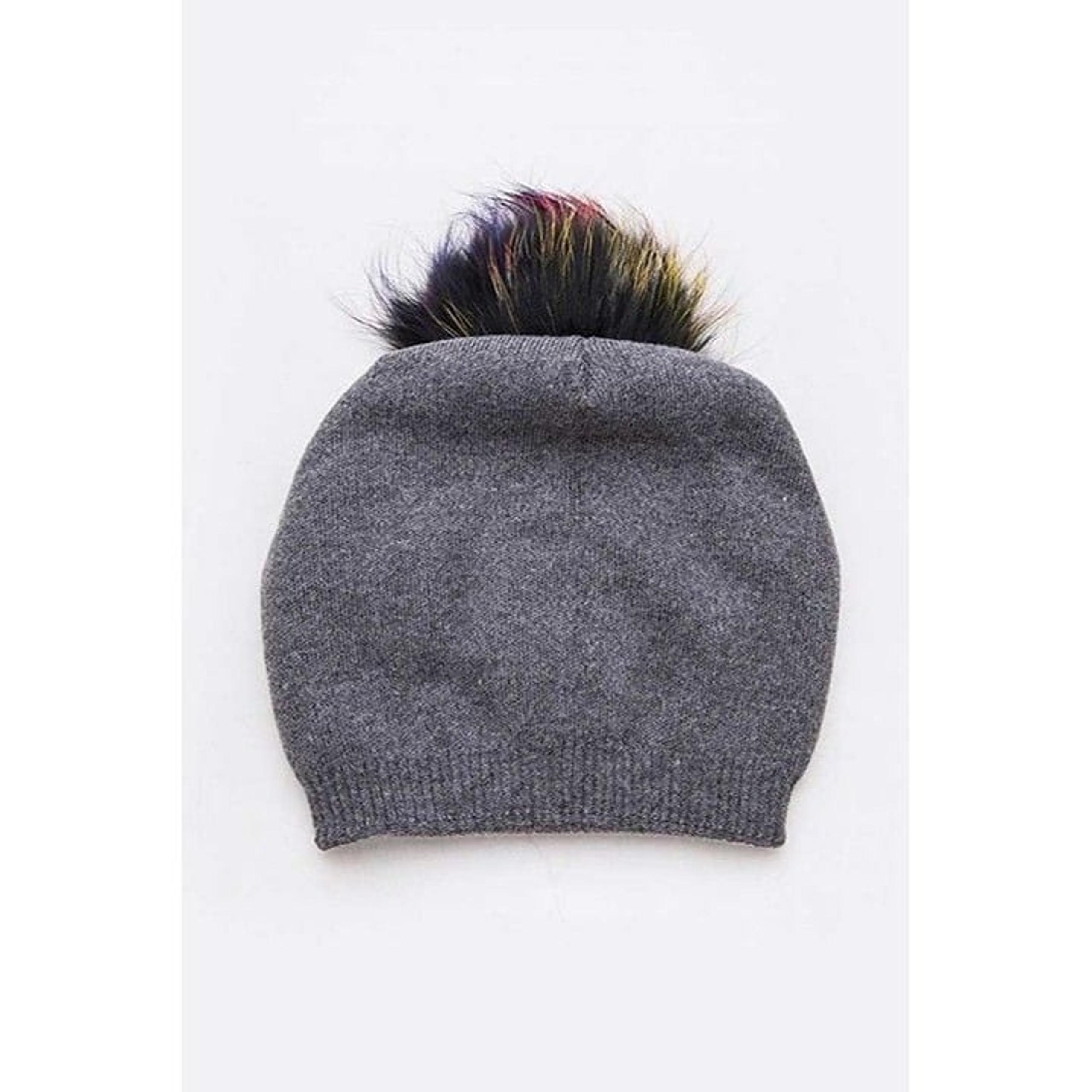 Mix Raccoon Fur Pom Cashmere Slouchy Beanie