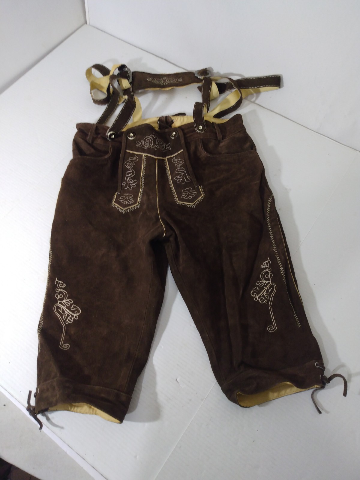 Mens Vintage Lederhosen Embroidered Leather Shorts W/ Matching Suspenders Sz 34