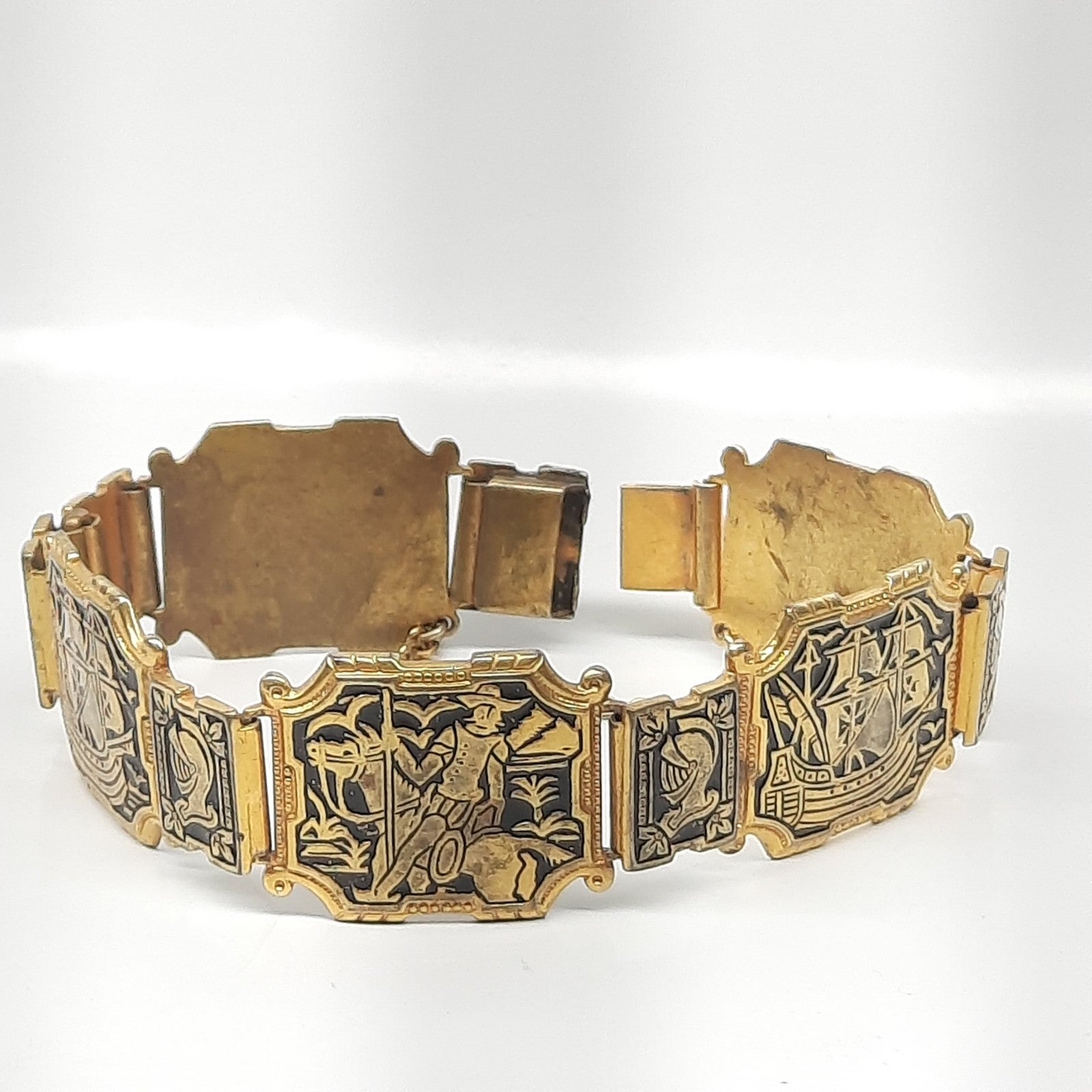 Damascene knight horseman ship voyage medieval vintage bracelet Renaissance