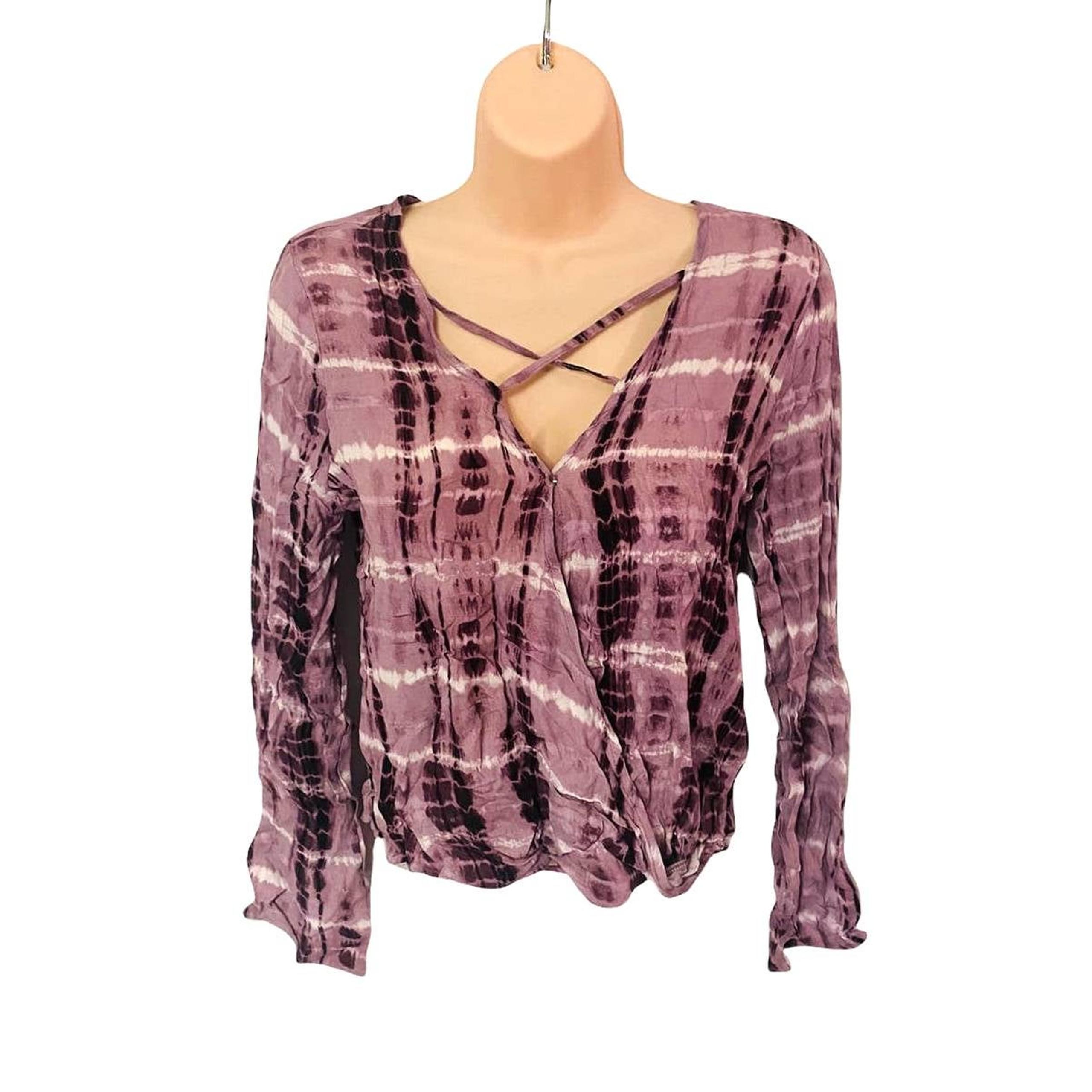 Mauve Pink Tye Dye Print Casual Top Long Sleeve Top Faux Wrap Rayon  Blouse
