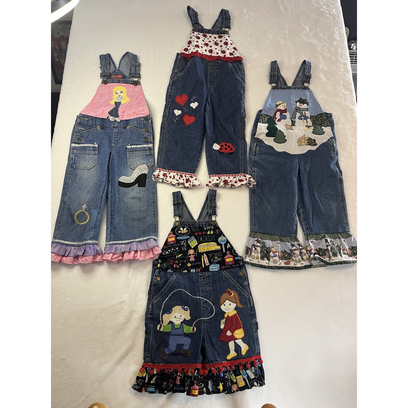 Girls Blue Denim Bib Overalls Hand Sewn Patches Adjustable Straps Size 4-5 Kids
