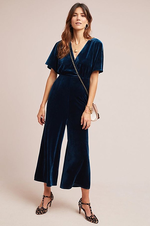 ANTHROPOLOGIE Luna Velvet Jumpsuit Dark Blue Size L Large