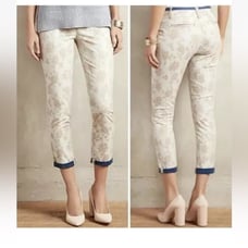 CARTONNIER BY ANTHROPOLOGIE Charlie Trouser Tan/White Floral and Chambray trim