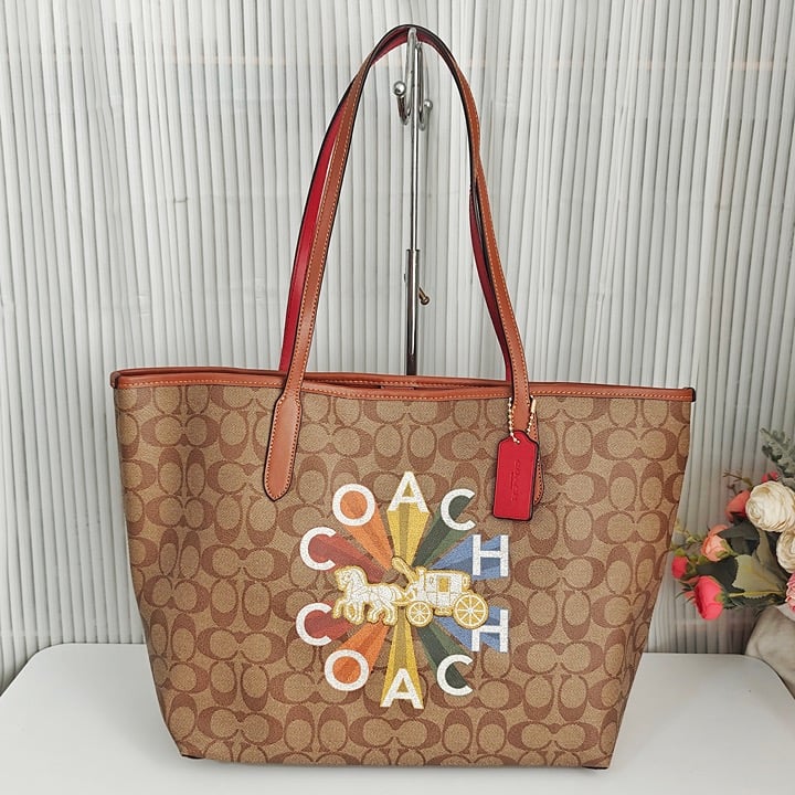 New COACH CITY TOTE IN SIGNATURE CANVAS WITH COACH RADIAL RAINBOW C6813 350