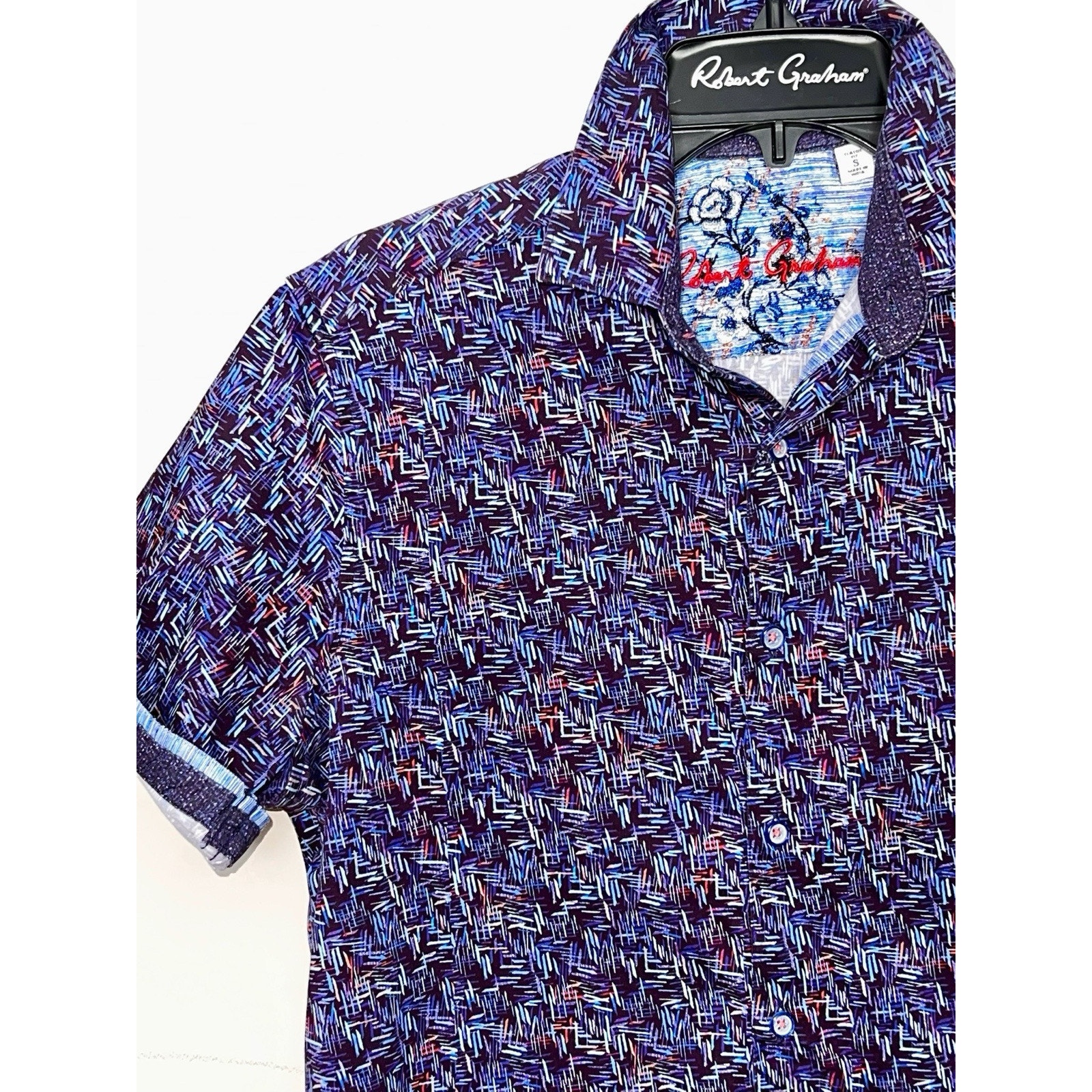 ROBERT GRAMHAM BLUE BLACK PURPLE CONFETTI S/S STRETCH SHIRT ROLL CUFF SZ S