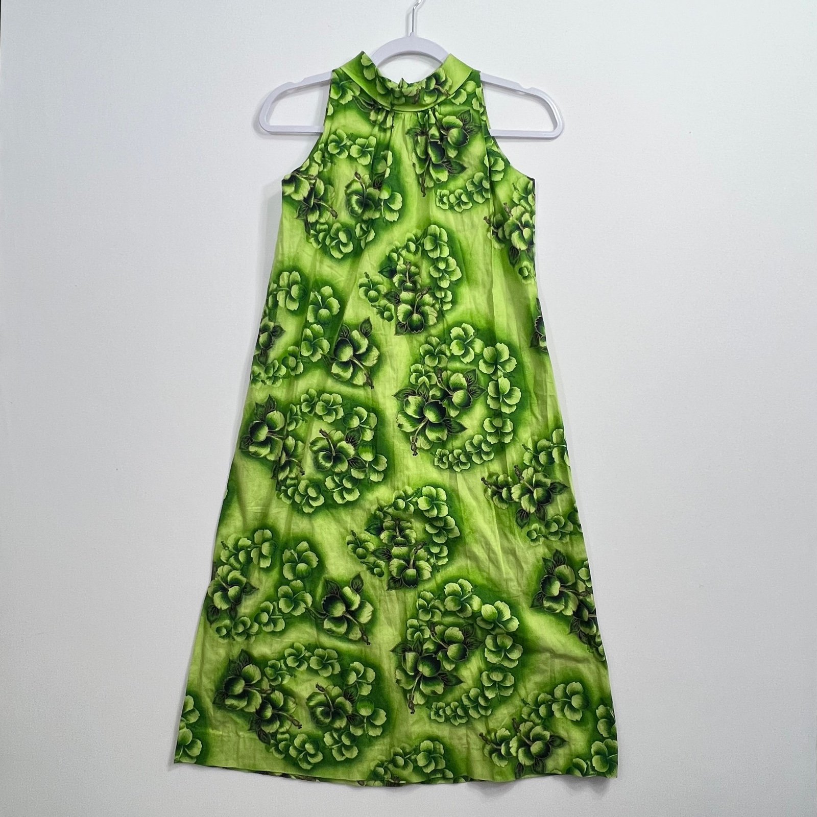 Vintage Ui-Maikai Green Hawaiian Dress 60s 70s Hibiscus Barkckoth Tropical