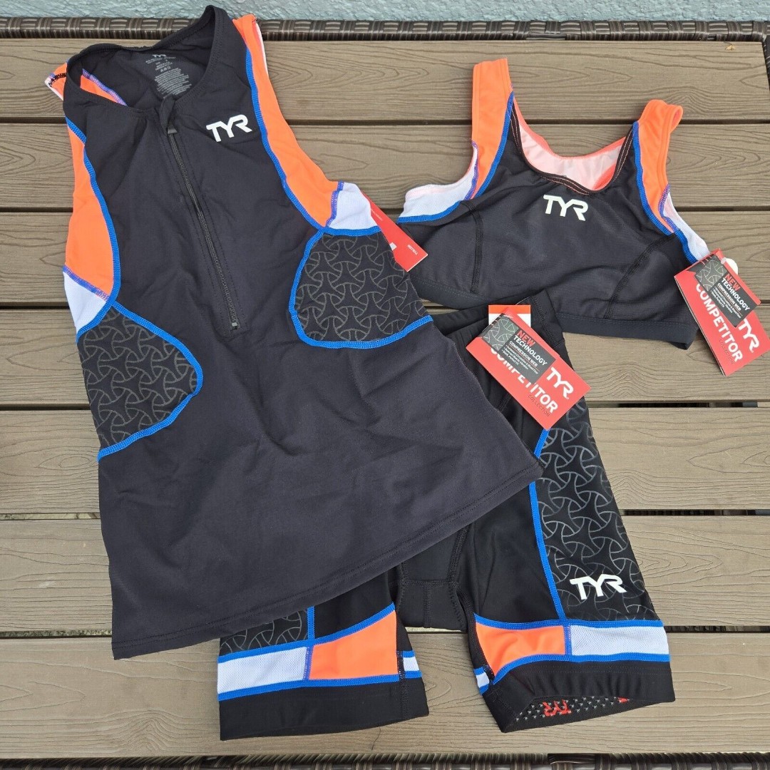 TYR Women Black/Coral/blue 3 Pc Trisuit Tank 6 in Padded Shorts Sz: S New
