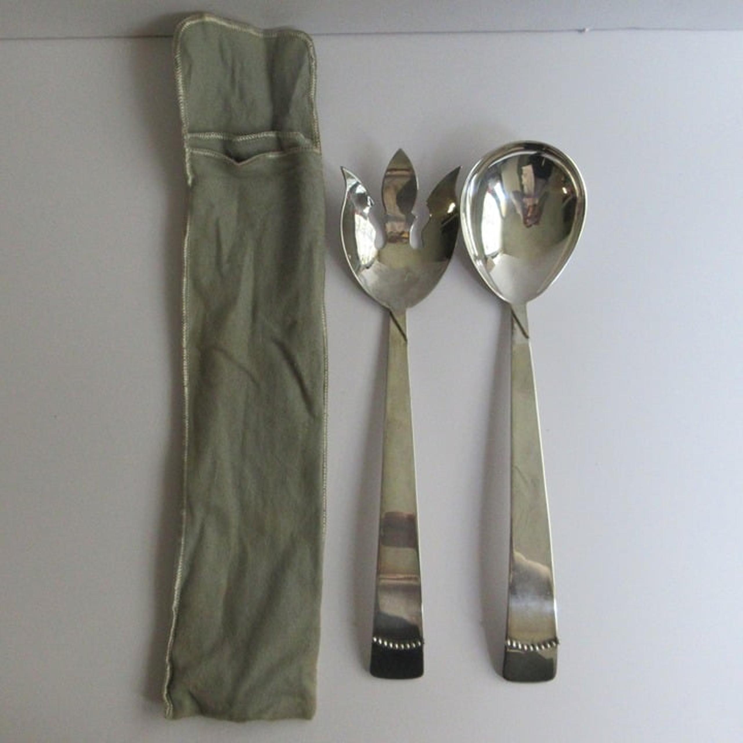 Silver Plate Salad Fork & Spoon Set Ingrid Three Crowns Silversmiths MCM w/Bag