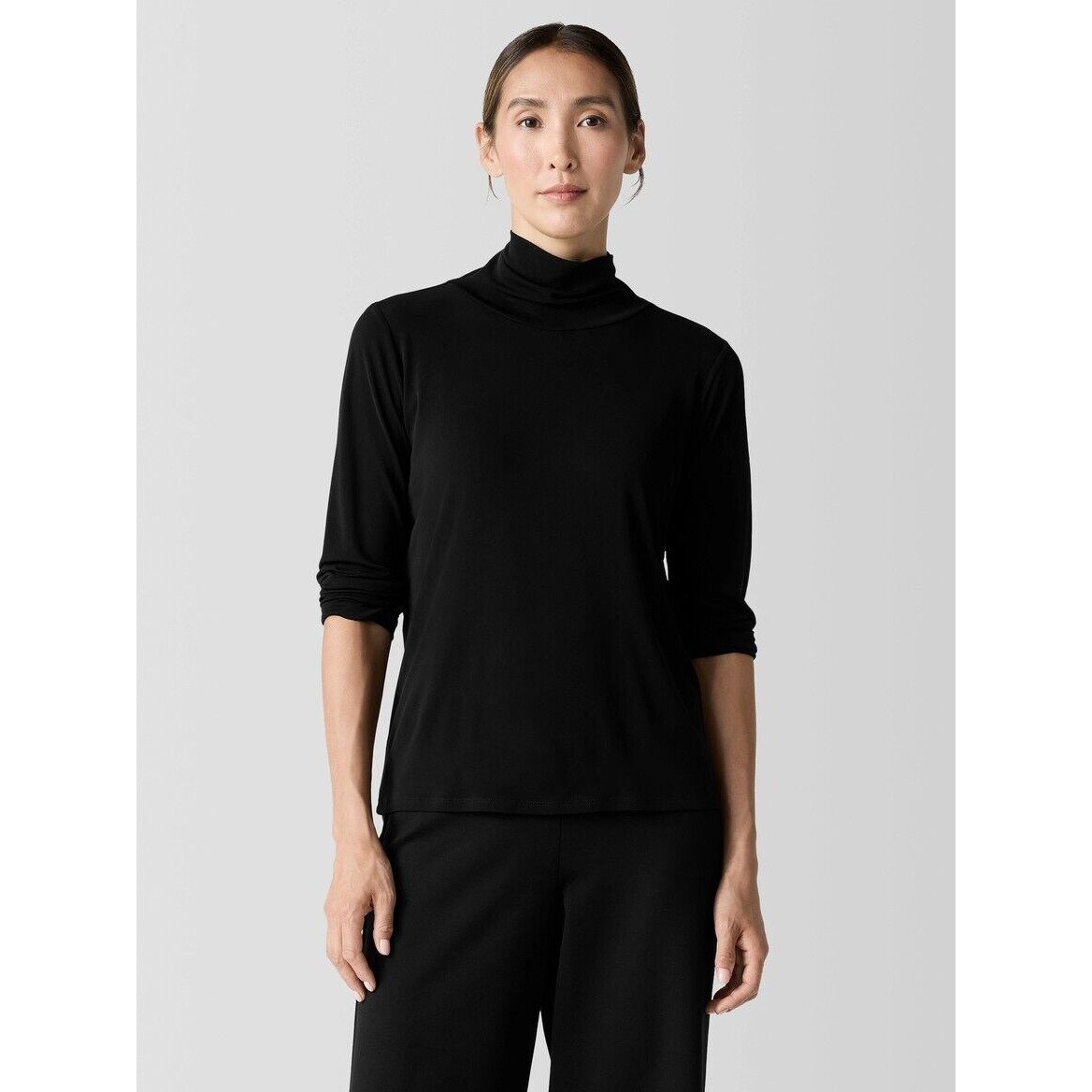 Eileen Fisher 198 Women's Silk Stretch Jersey Turtleneck Top Black Large