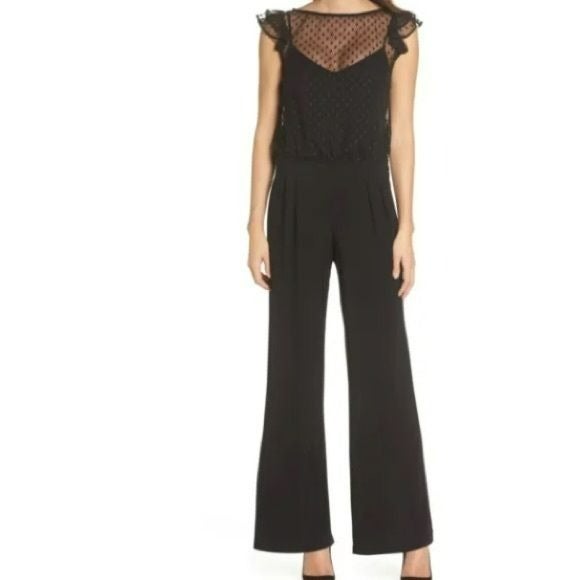 JULIA JORDAN NEW Black Illusion Neck Wide Leg Jumpsuit Size 6 (138.00)