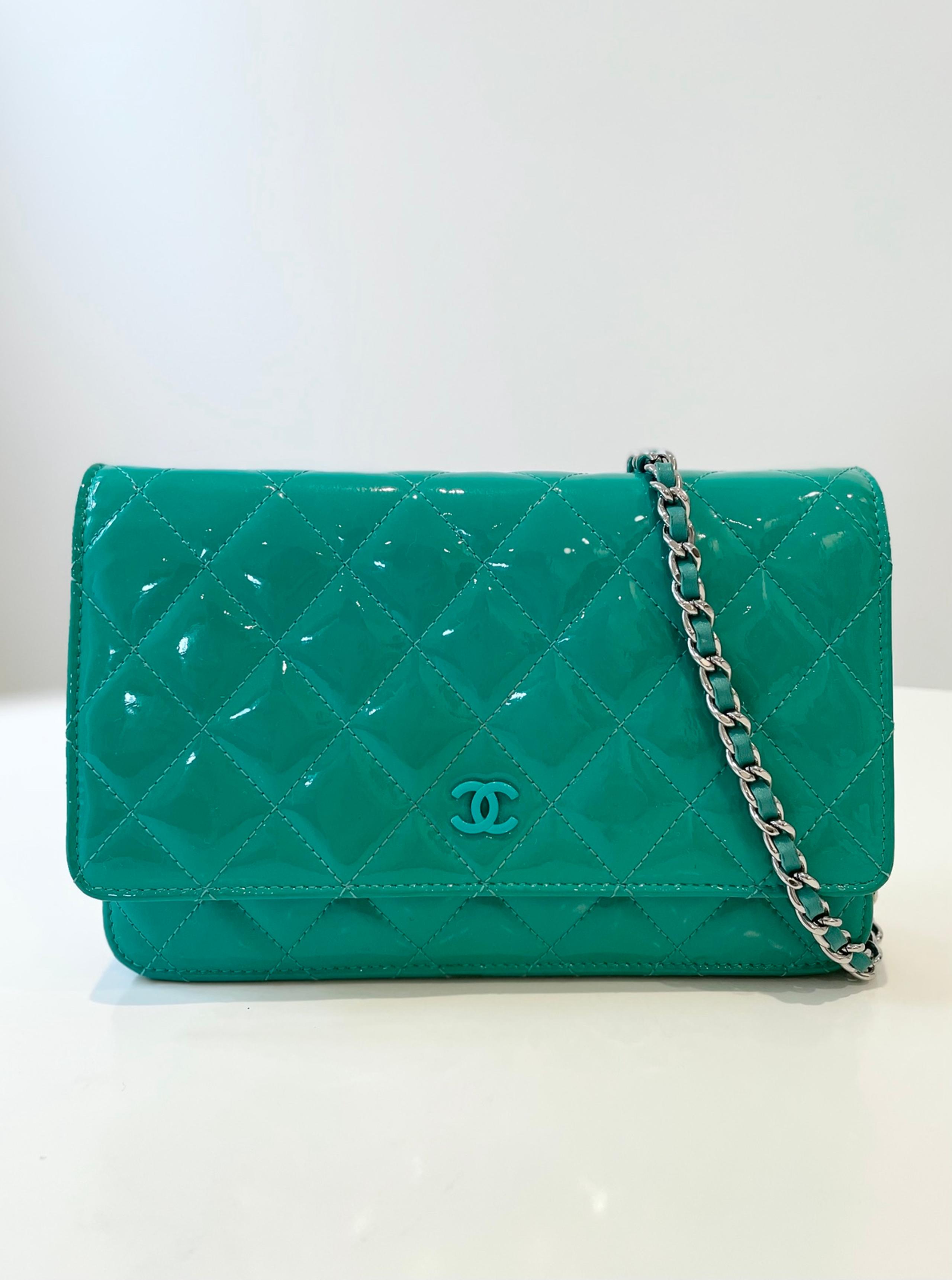 CHANEL Wallet On Chain Crossbody bag in quilted green patent leather