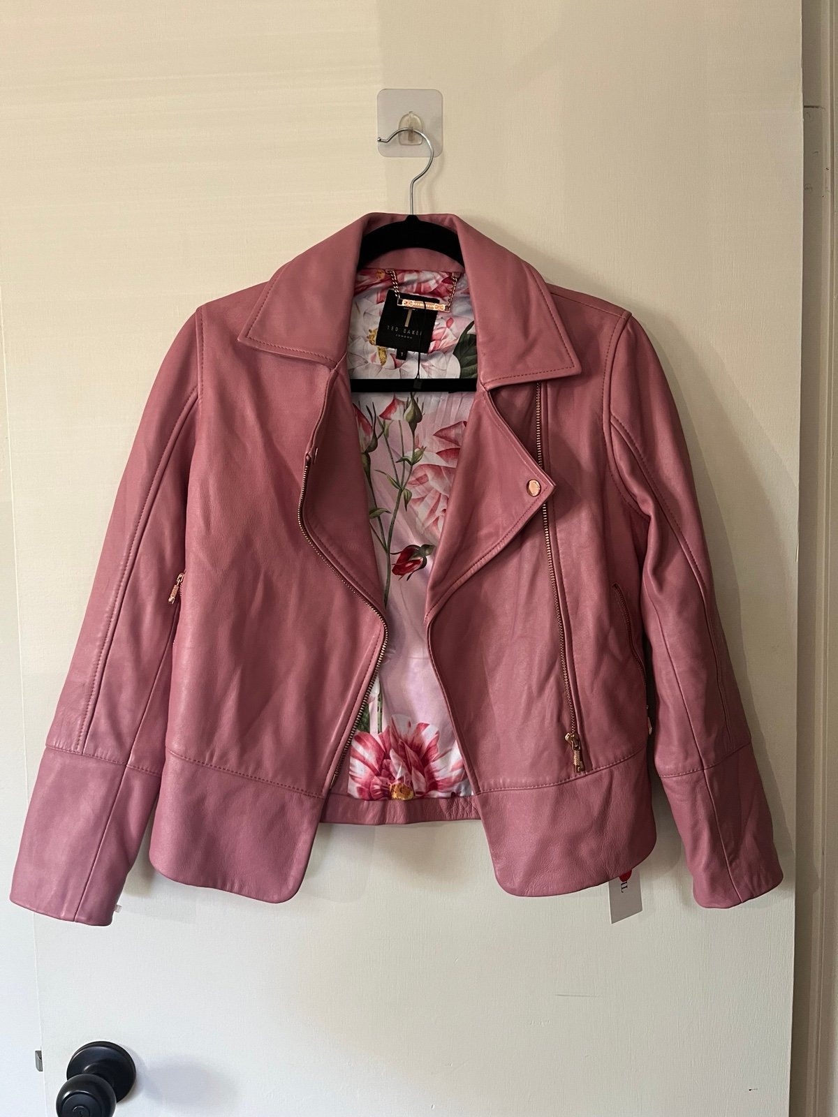 TED BAKER London Lizia Pink Ovine Leather Moto Zip Collar Jacket Sz 1 (small)