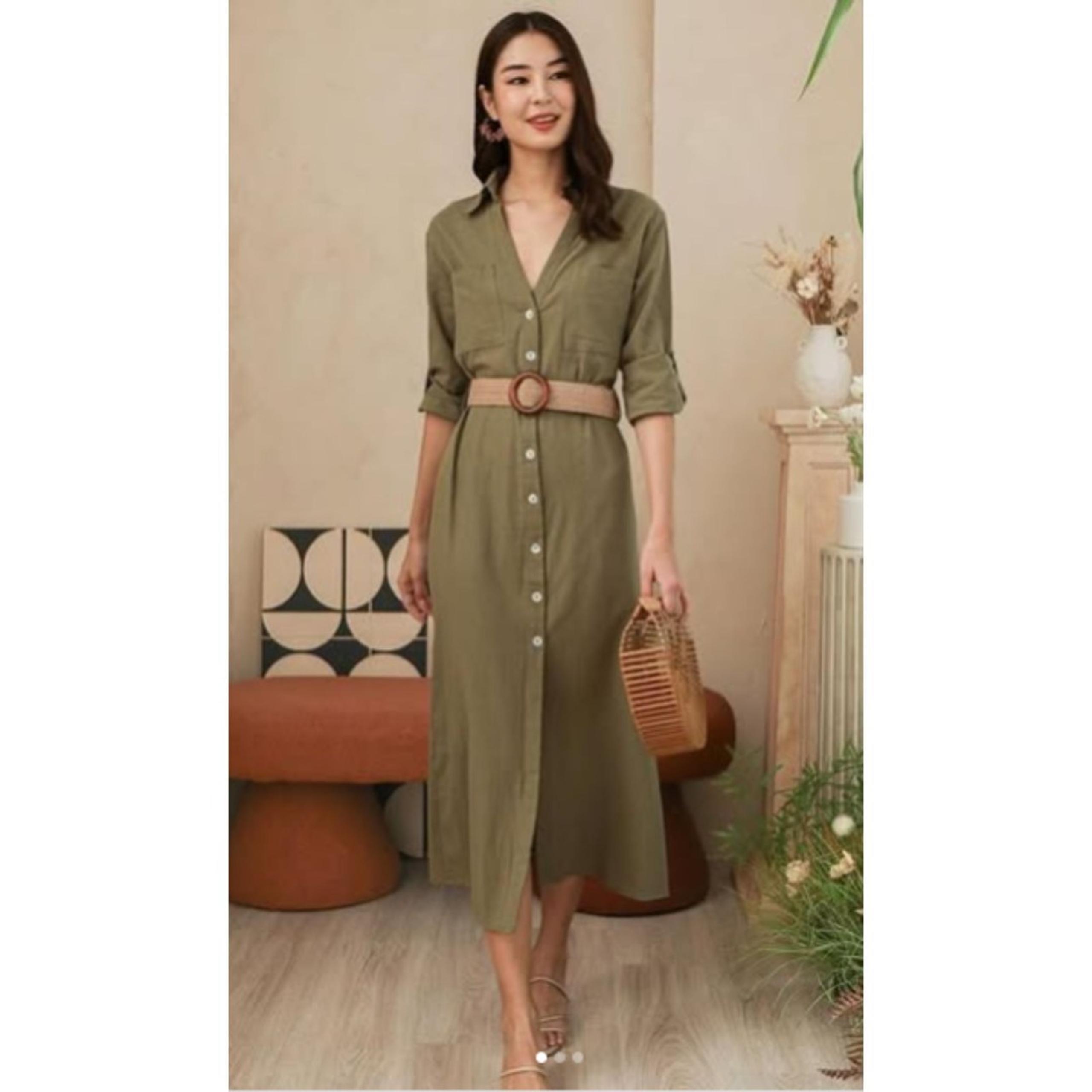 Zara Women Khaki Green Linen Midi Maxi Long Sleeve Shirt Dress