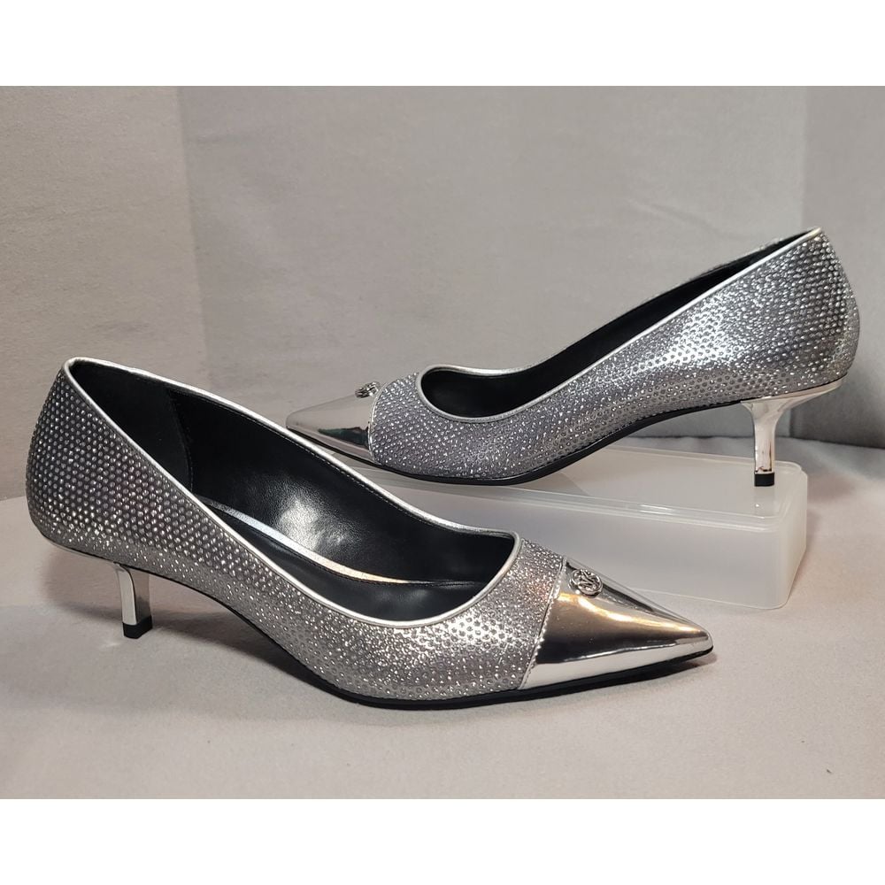 Michael Kors Silver Glitter Pointed Toe Kitten Heel Pumps with Metallic Cap Toe