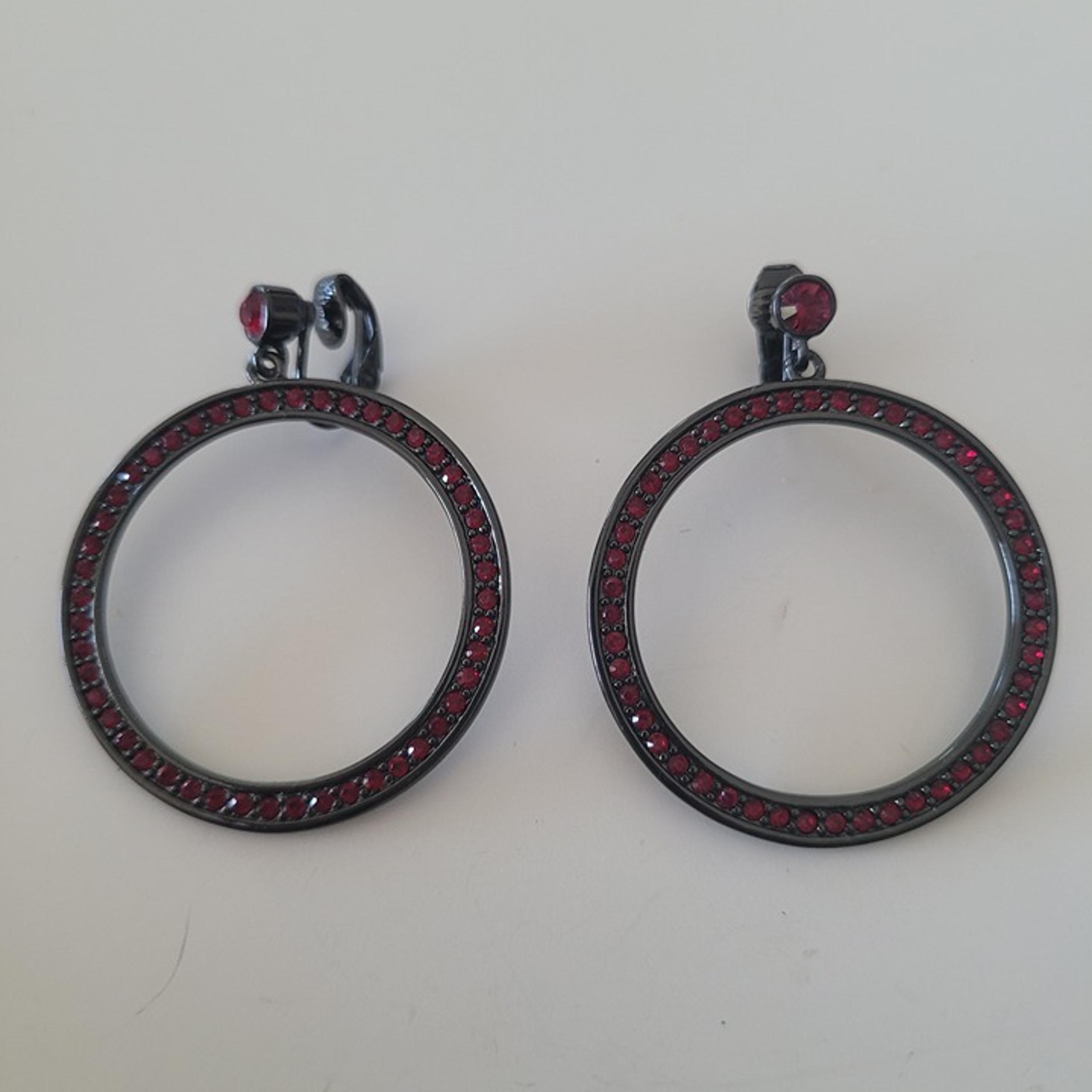 Givenchy Vintage Rhinestone Runway Retro Hoop Earrings Gunmetal Red