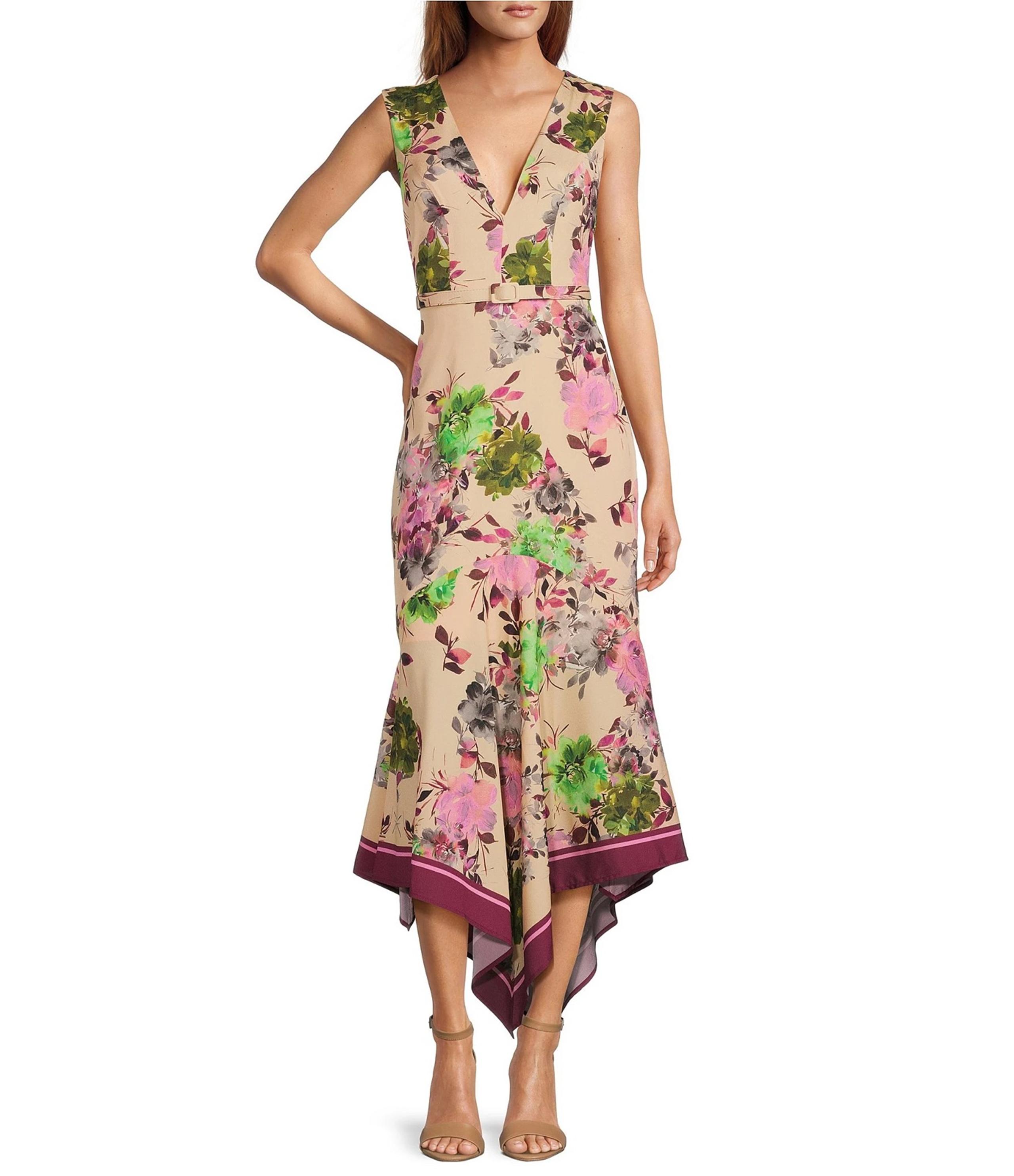 Belle by Badgley Mischka Saylor Crepe Printed V-Neck Dress