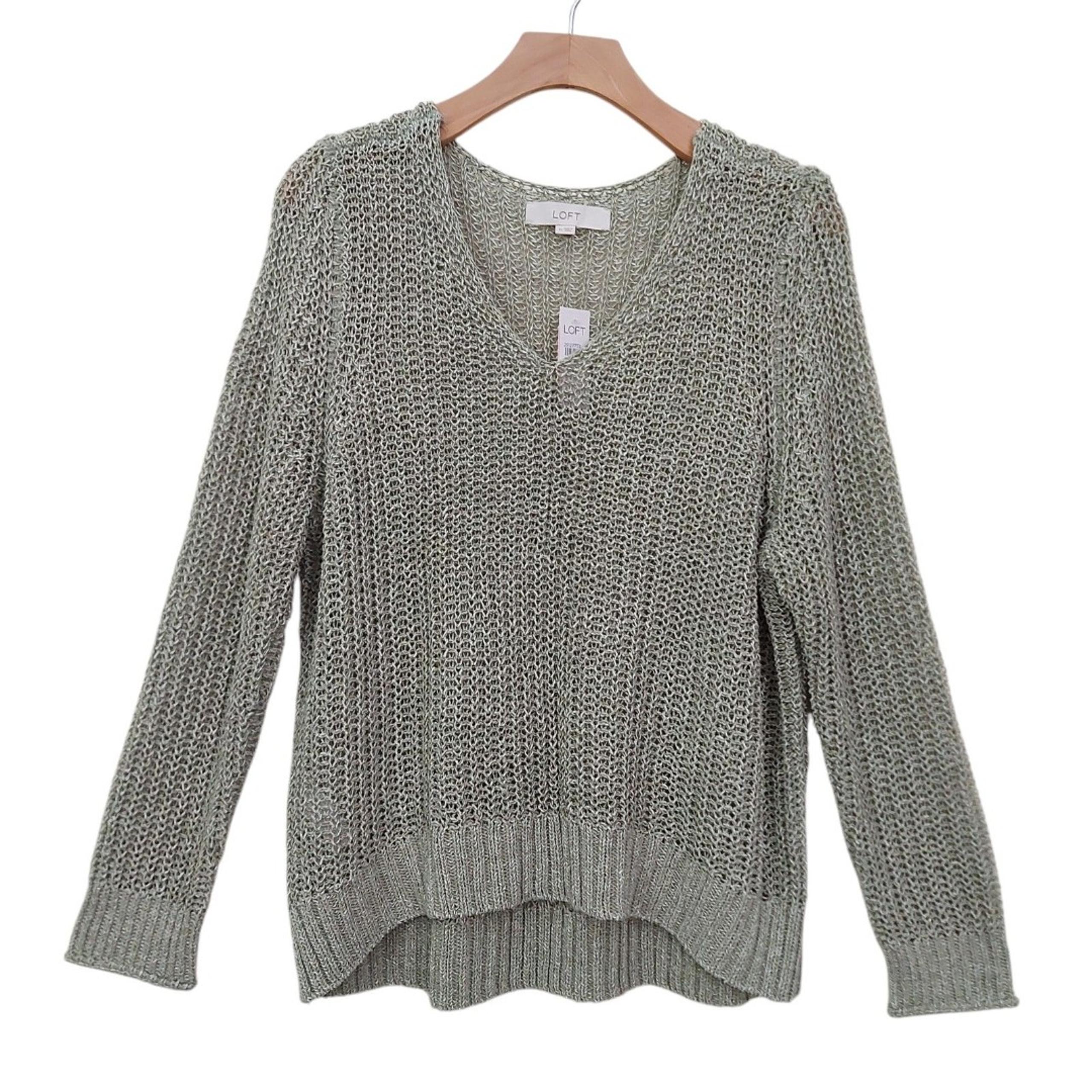 Loft Sweater Womens XL Green Shimmer Open Knit V-Neck Pullover Soft Minimalist