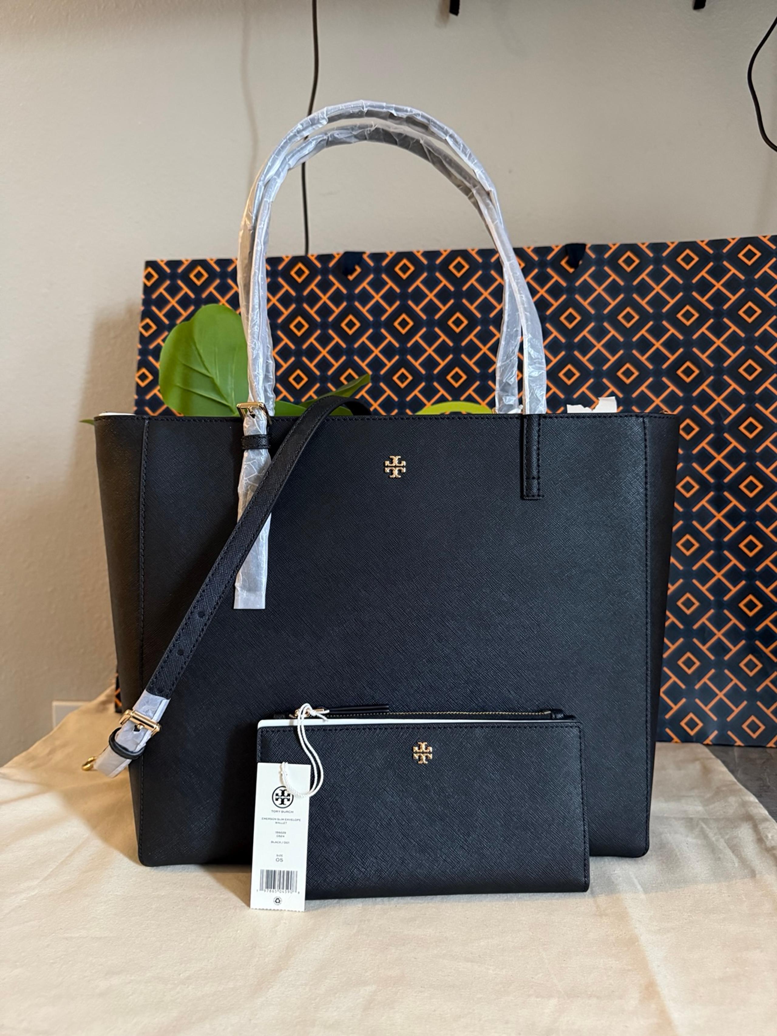 NWT , Tory Burch Emerson zip  Black large Tote black & matching wallet
