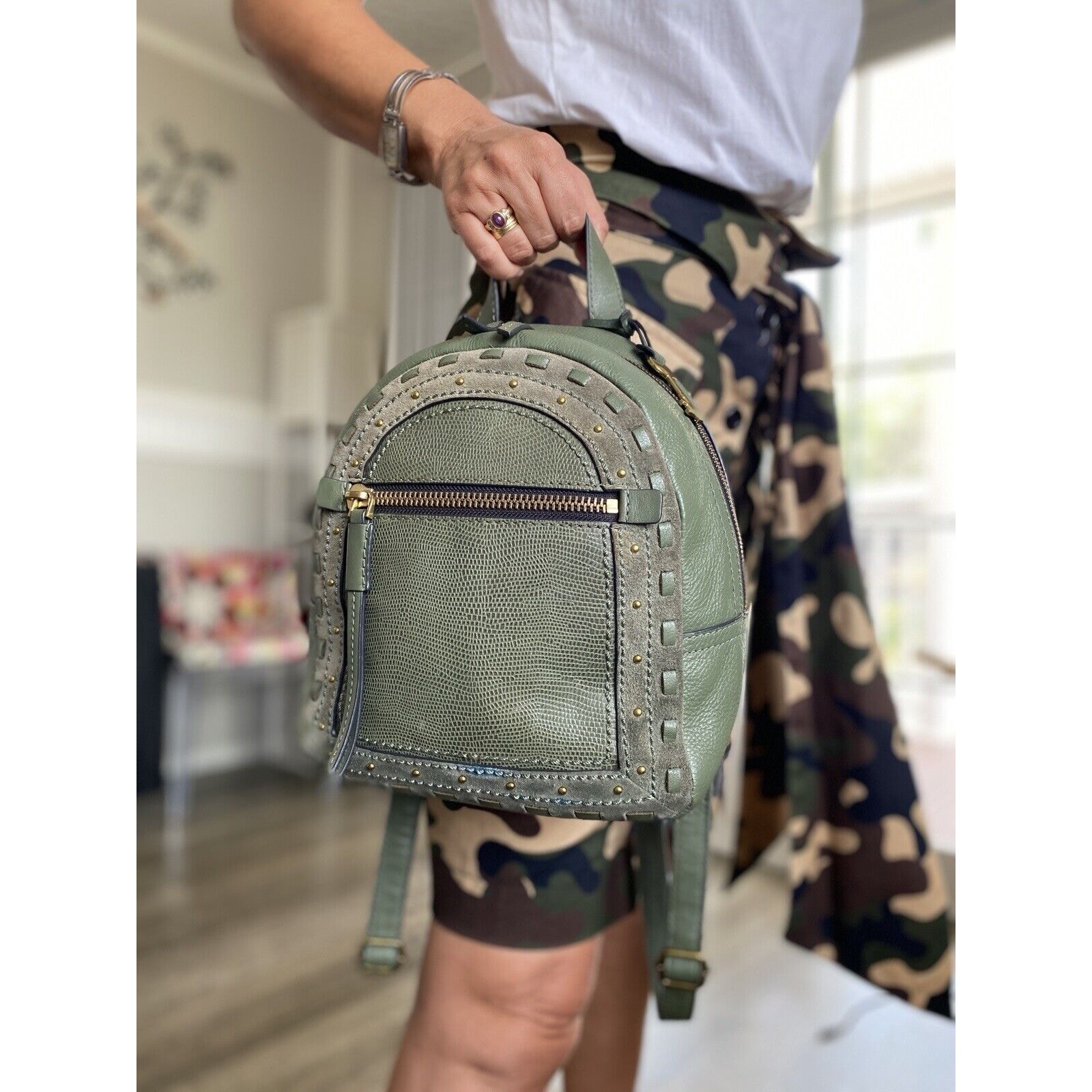 FOSSIL COW HIDE Leather Backpack Purse Handbag Olive Green