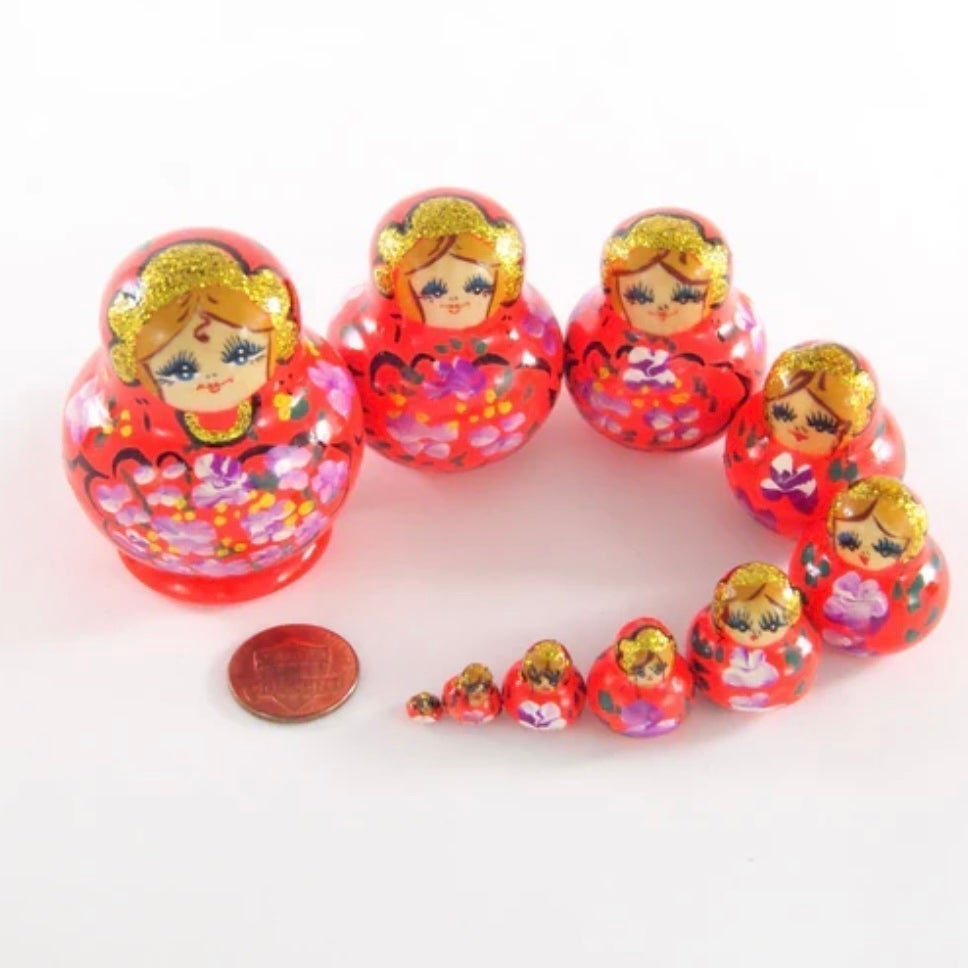 Matryoshka Doll Nesting Dolls Small 10 pcs Mini Doll Neon Red and Neon Violet