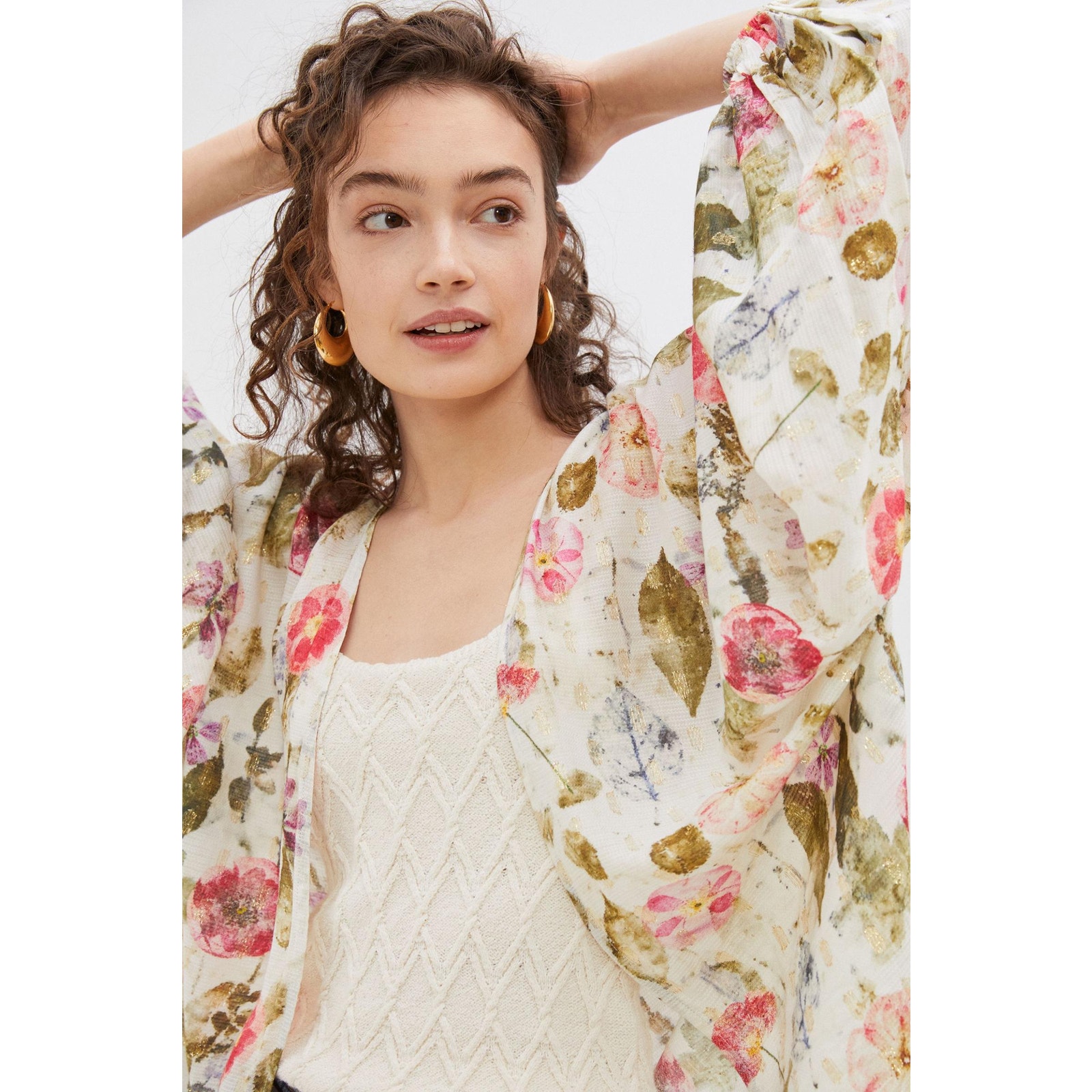 By Anthropologie Women's Floral Marie Shimmer Kimono Long Sleeve Multicolor OS