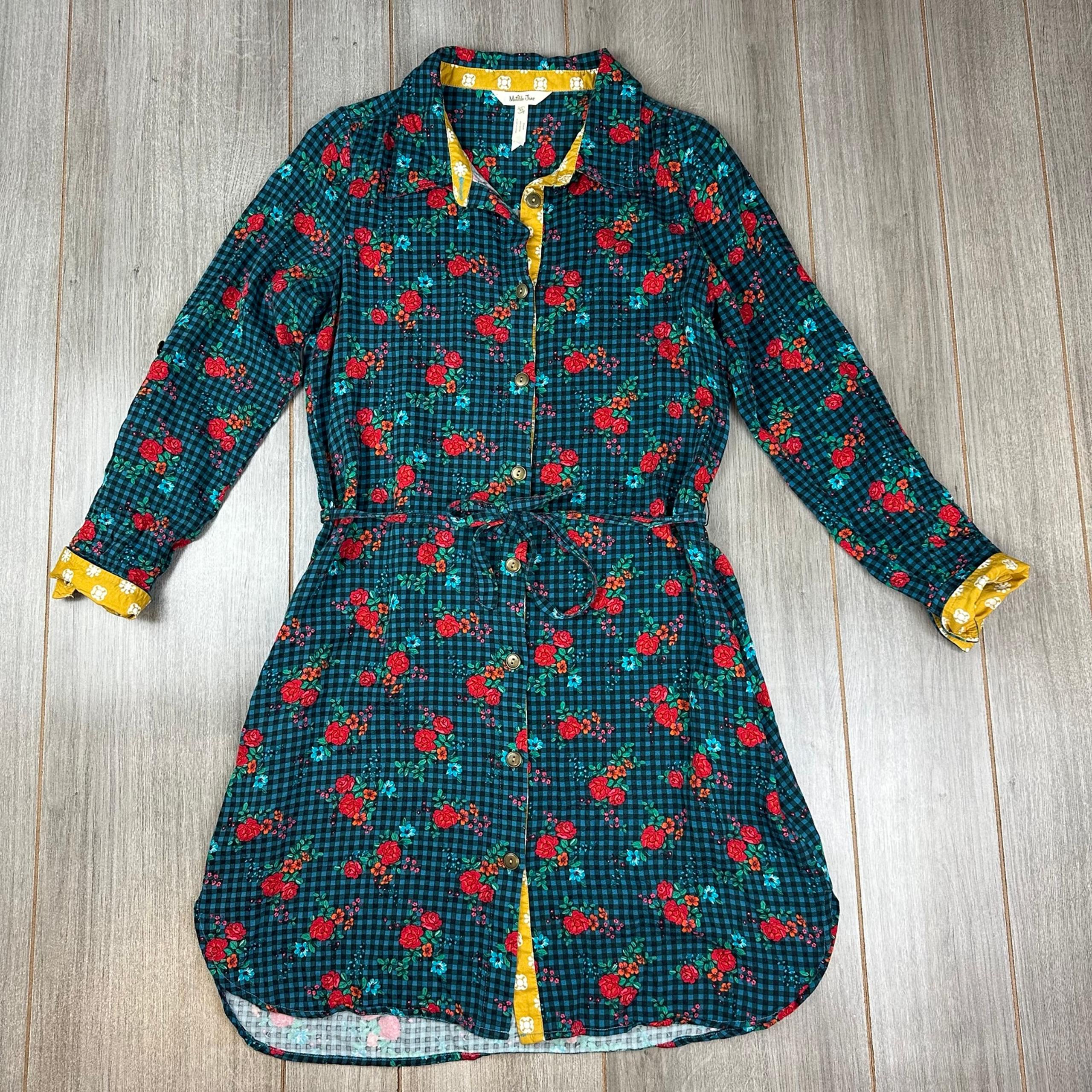 Matilda Jane Shirt Dress XS Gingham Floral Whimsy Prep Picnic