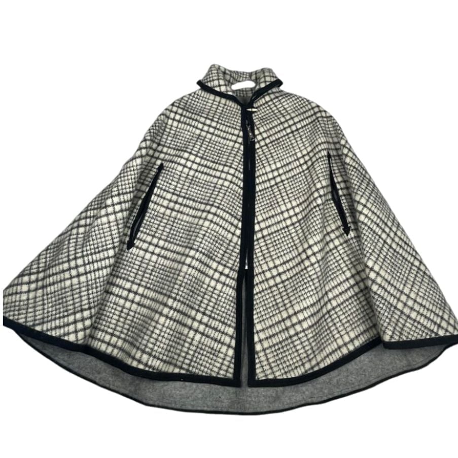 Vintage REVERSIBLE Wool Cape, Cream Plaid & Black, Gray on reverse, classic, zip