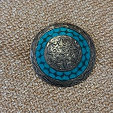 VTG Mexico Sterling Turquoise Inlay Brooch Pendant, Aztec Sun God Pin, Taxco