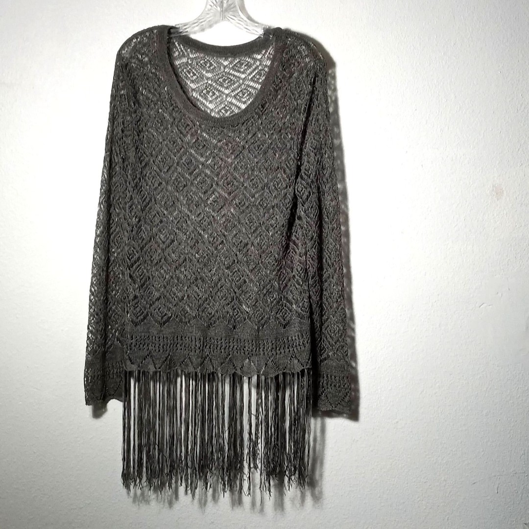 Silk Fringe Sweater Gray Metallic NWT Crochet Pullover Long Sleeve Tunic XL 1X