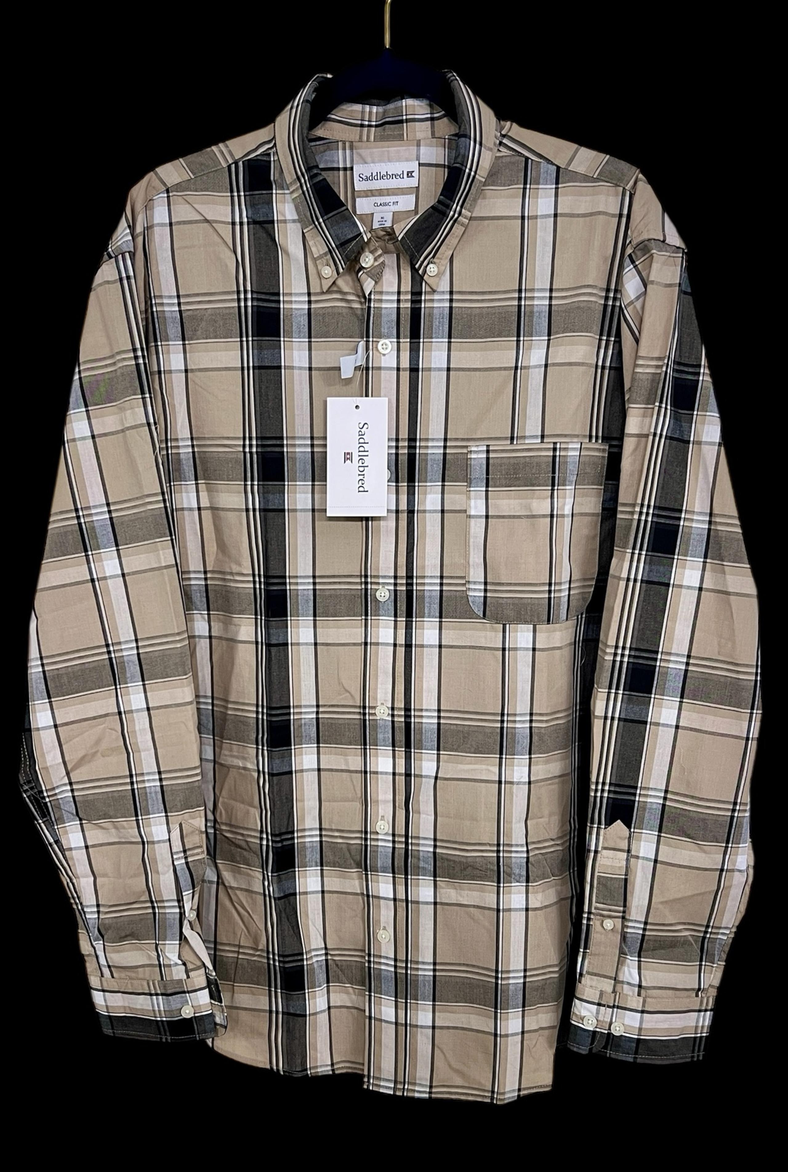 Men’s XL Saddlebred Long Sleeve Button Down Plaid Shirt, Black Beige White