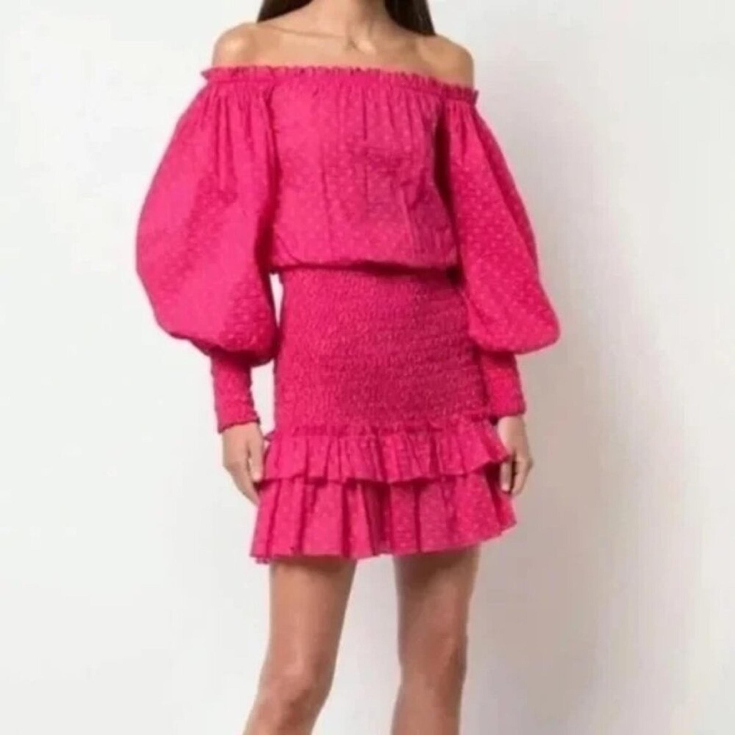 Alexis Dress Marilena Smocked Off-shoulder Blouson-sleeve Fuchsia Dot Size XS
