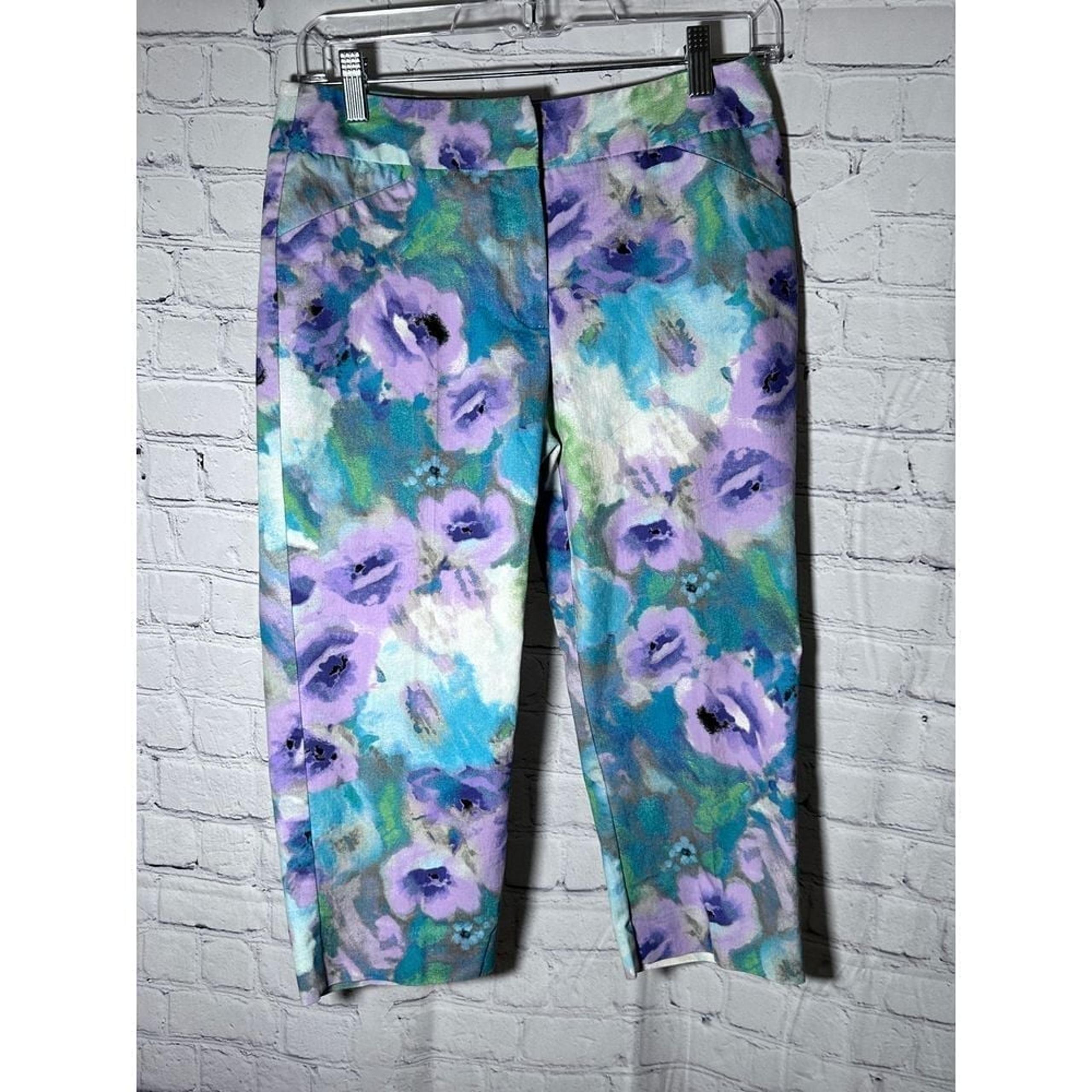 NEW DIRECTIONS PETITE LADIES WATERCOLOR FLORAL PRINT CROPPED PANTS (4P)  EUC