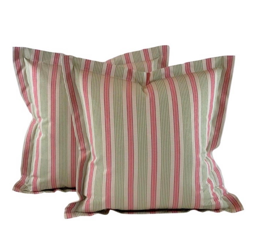 Pair Kravet Laura Ashley Cream Green Pink Ticking Grosgrain Stripe Pillow Covers
