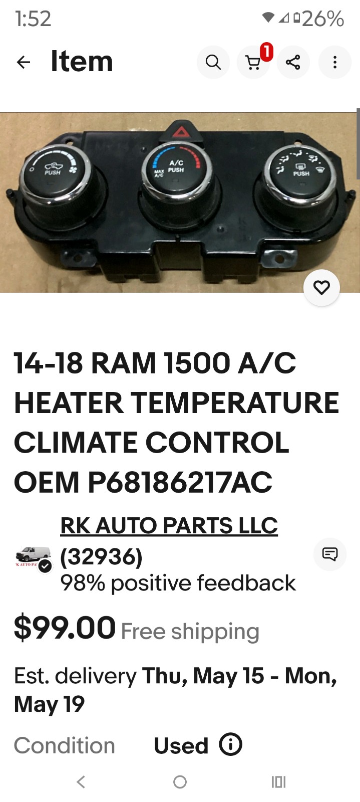 14-18 RAM 1500 A/C HEATER TEMPERATURE CLIMATE CONTROL OEM P68186217AC