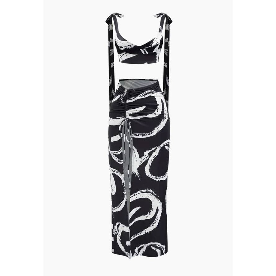 Micas Black and White Abstract Tie Strap Top and Drawstring Side Slit Skirt - L