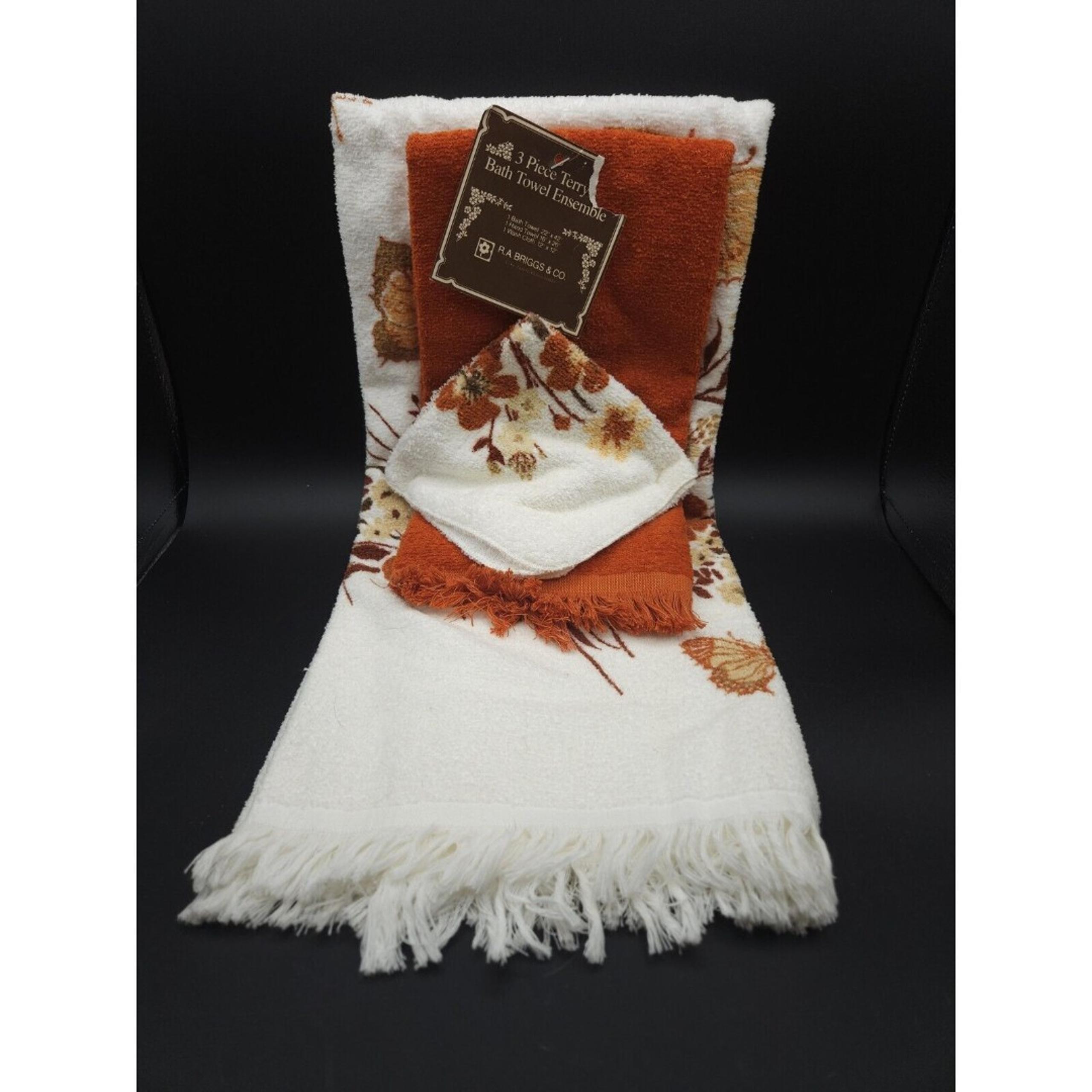 Vintage Bath Towel 3pc Set Orange & Brown Butterflies & Flowers MCM Deadstock