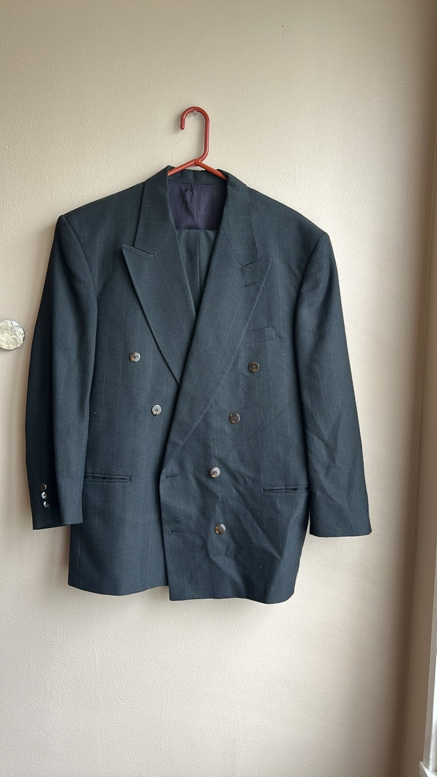 Cezar Del Prado Men’s 2 Pc Suit Striped Sz 42 Double Breasted Black Made Spain
