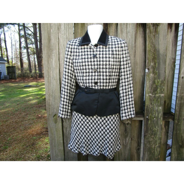 M.A.G. Magaschoni Apparel Group Blazer Skirt Belt Set Black White Gingham 6/8