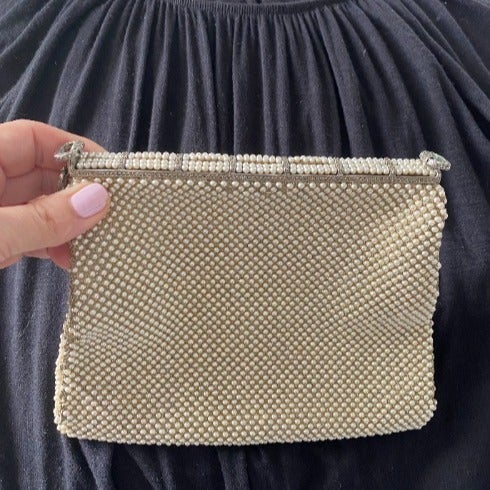 Champagne Color mini Pearl Beads and Marcasite Etched Silver tone VTG Purse